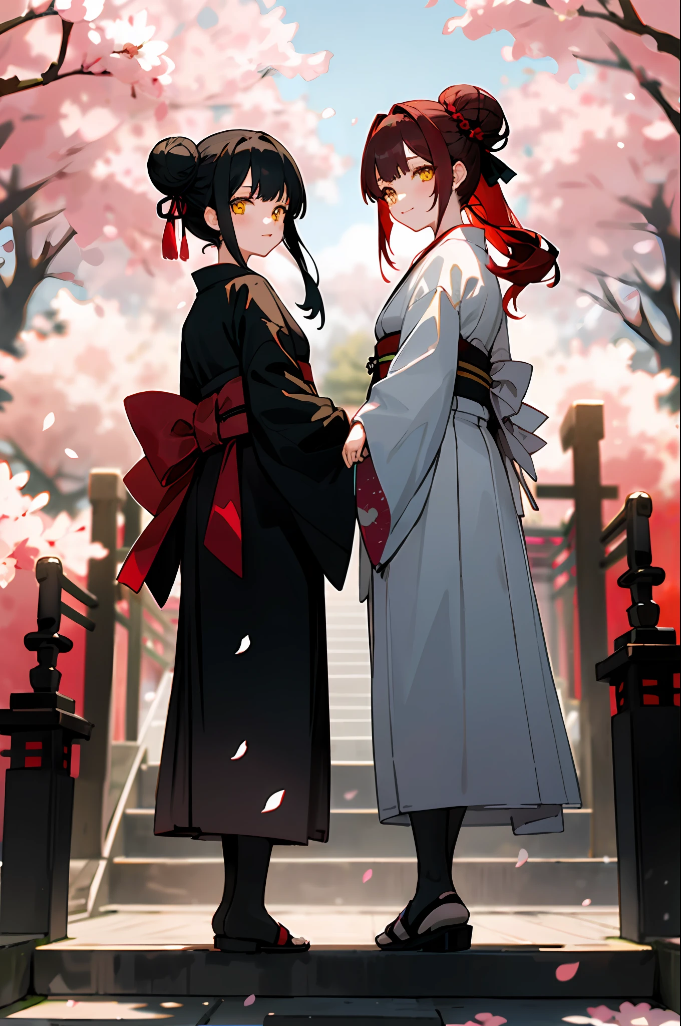 ((masterpiece,best quality)),2girls, black kimono, black legwear, black ribbon, black hair, cherry blossoms, day, flower, hair bun, hair ribbon, japanese clothes, kimono, long hair, looking at viewer, looking back , multiple girls, belts, outdoors, red eyes, red hair, ribbon, sandals, single bun, stairs, standing, statue, torii, tree, white kimono, yellow eyes