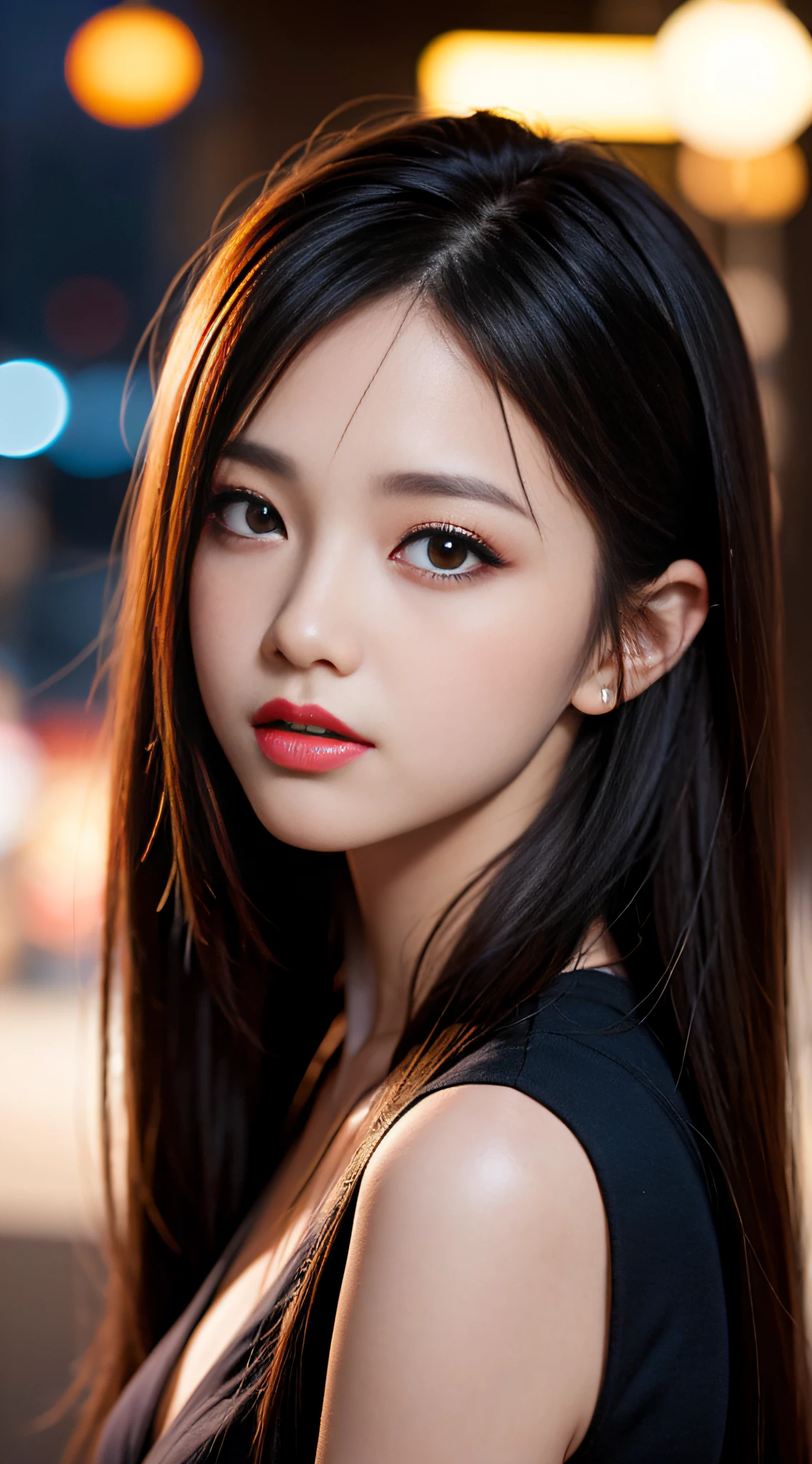 A girl, long hair, half picture, city, future, science fiction, black silk, shorts, night scene, midnight, blue light, neon, night, face close-up, delicate features, beautiful girl, beauty, charming,fashi-girl,red lips,realistic,makeup,