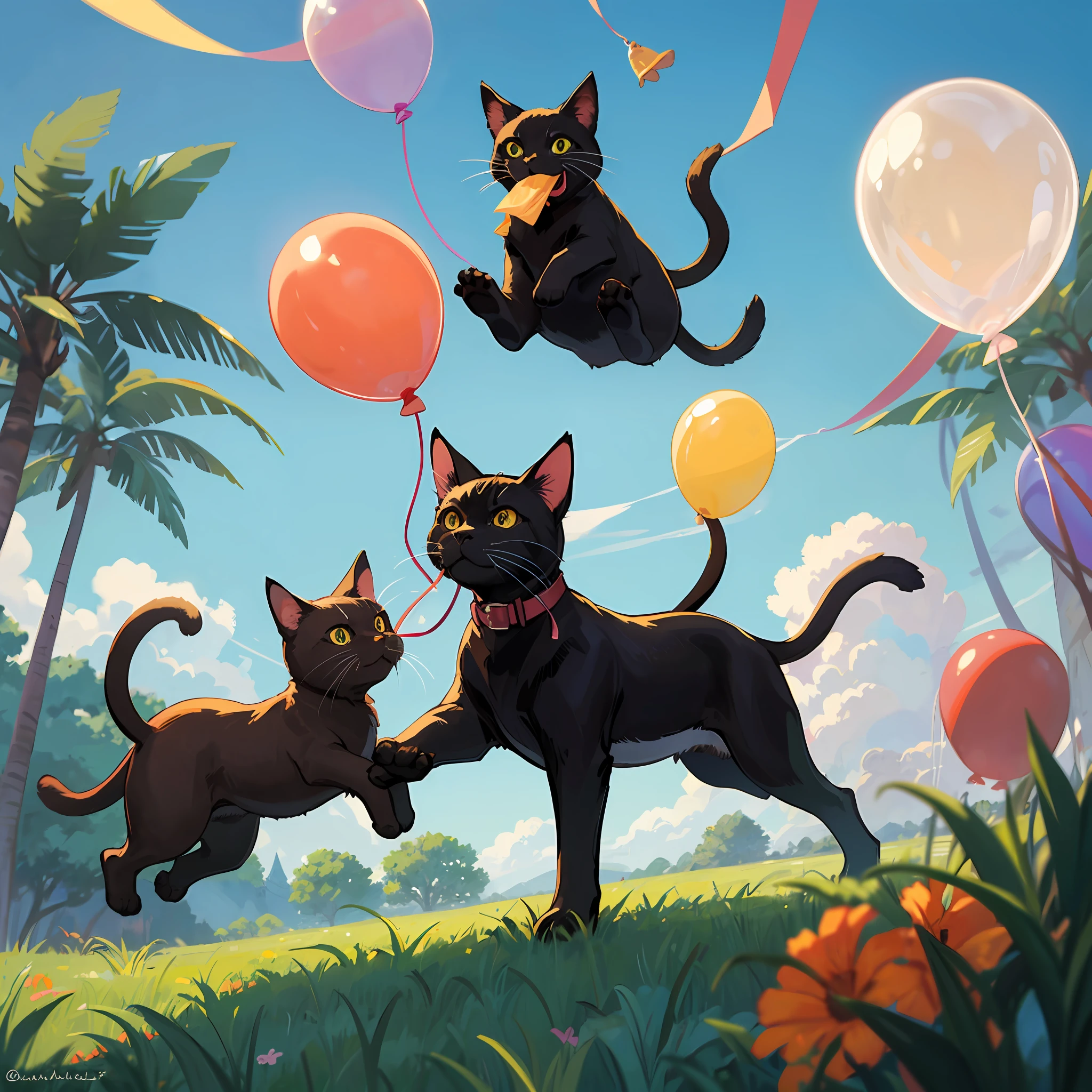 A black cat with a balloon hanging from its tail, is swinging and has a small fish in its mouth