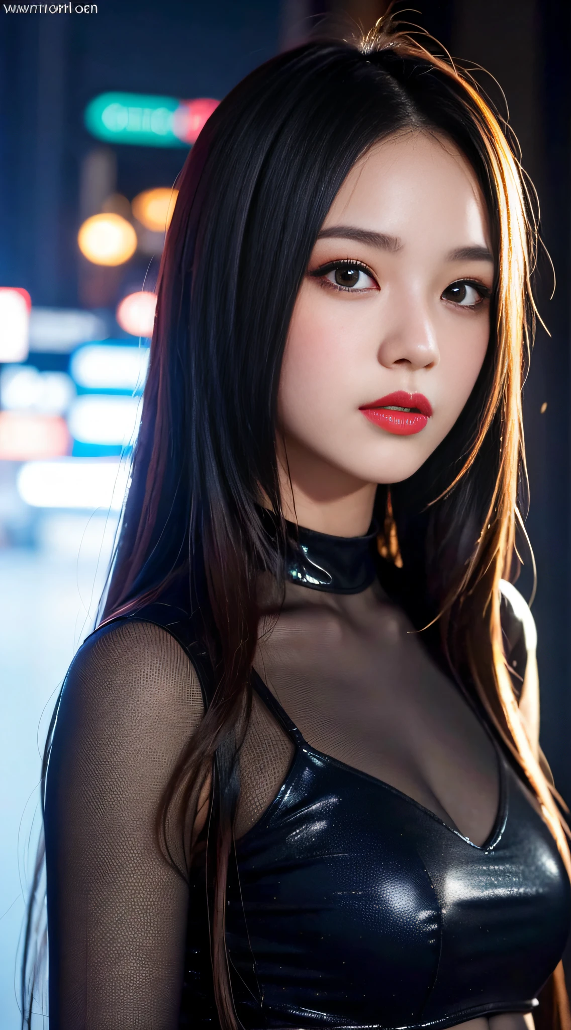 A girl, long hair, half picture, city, future, science fiction, black silk, shorts, night scene, midnight, blue light, neon, night, face close-up, delicate features, beautiful girl, beauty, charming,fashi-girl,red lips,realistic,makeup,