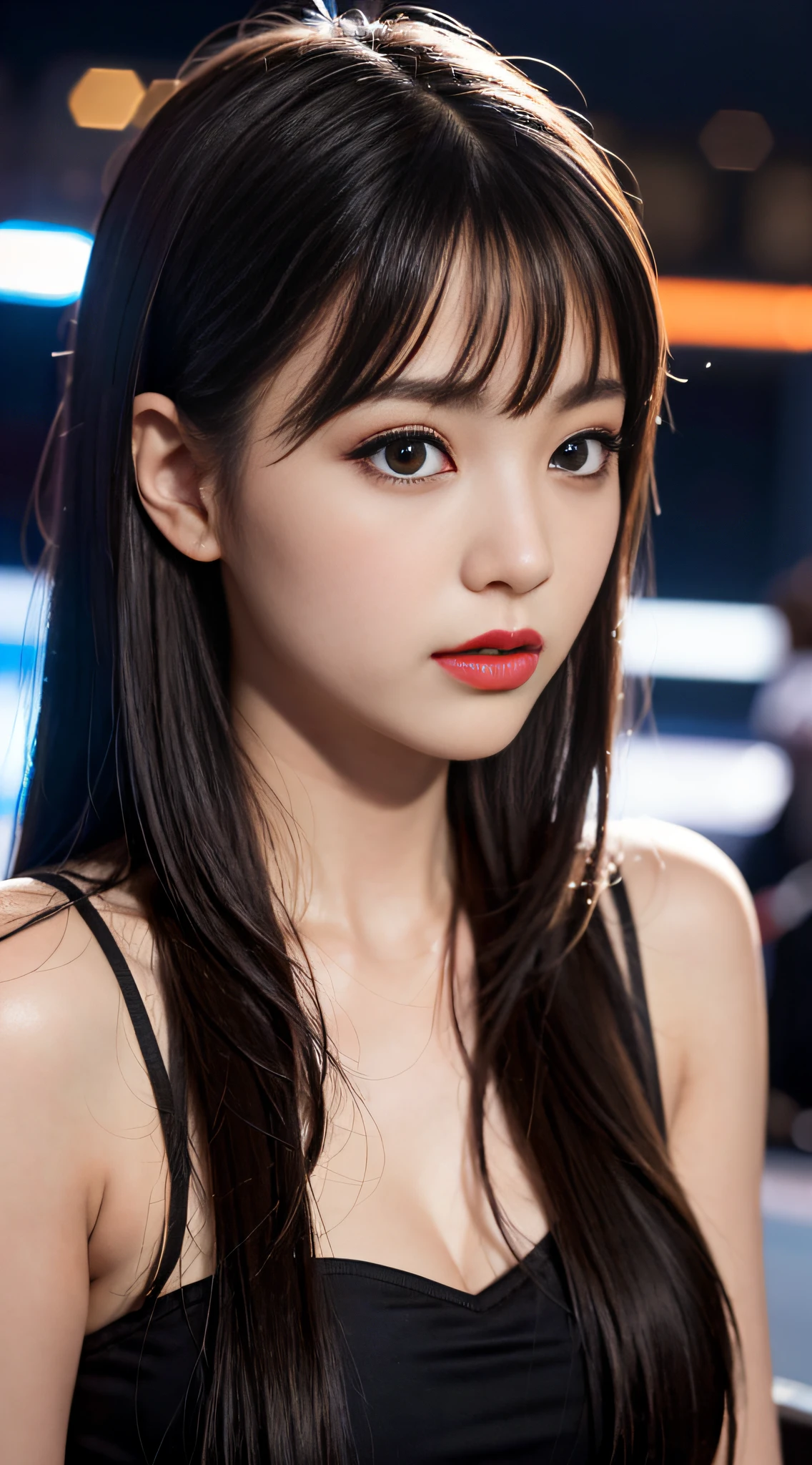 A girl, long hair, half picture, city, future, science fiction, black silk, shorts, night scene, midnight, blue light, neon, night, face close-up, delicate features, beautiful girl, beauty, charming,fashi-girl,red lips,realistic,makeup,