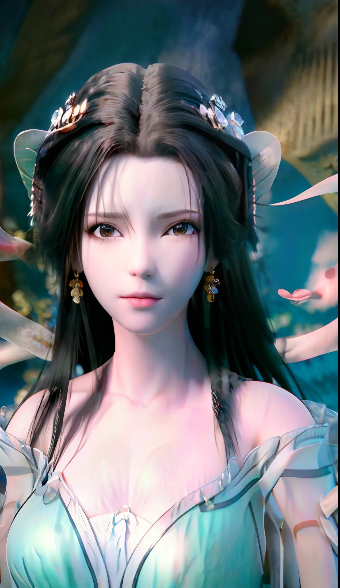 blurred background, highest quality, close-up of a woman, perfect face, perfect figure, alluring, charming, ultra hd, textured skin, super detail, 8k, super fine, big breasts, super breasts, divine milk, cleavage, 3dcg, 3d rendered characters 8k, cg fantasy, cgstation, anime, surrealism, semi-nude,, nudes