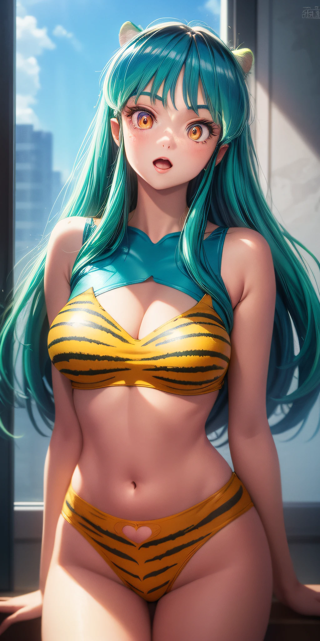 lum invader, detailed, realitsa, (tiger stripes: 1.2), (cat lingerie:.8), yellow clothes, neckline cutout, masterpiece, best quality, hires, open mouth, tusk, ultra-detailed, multicolored eyes, beautiful eyes, detailed face, beautiful girl, big chest, blushing