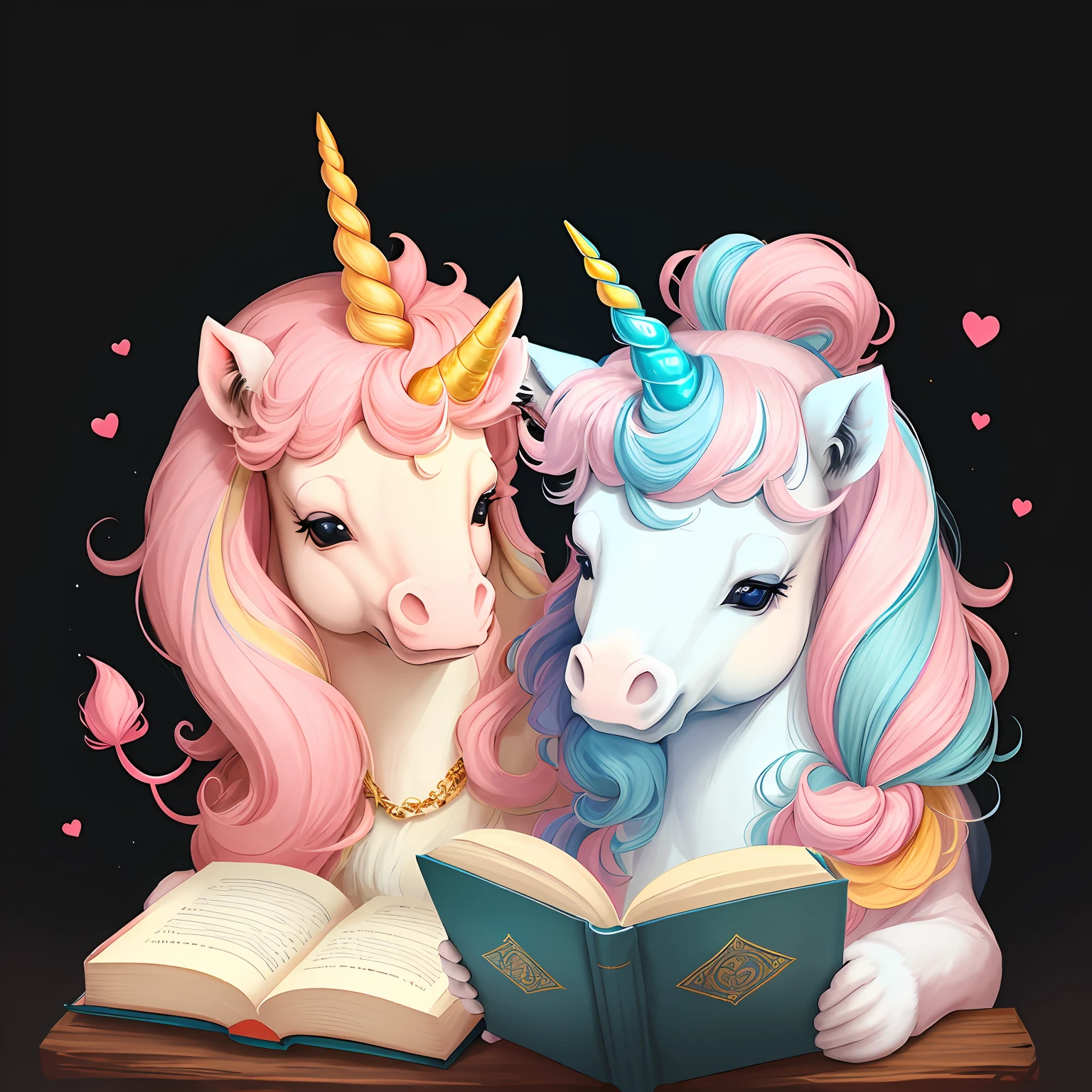 two cute unicorn, one horn, pink, blue, reading book, simbpe background --auto