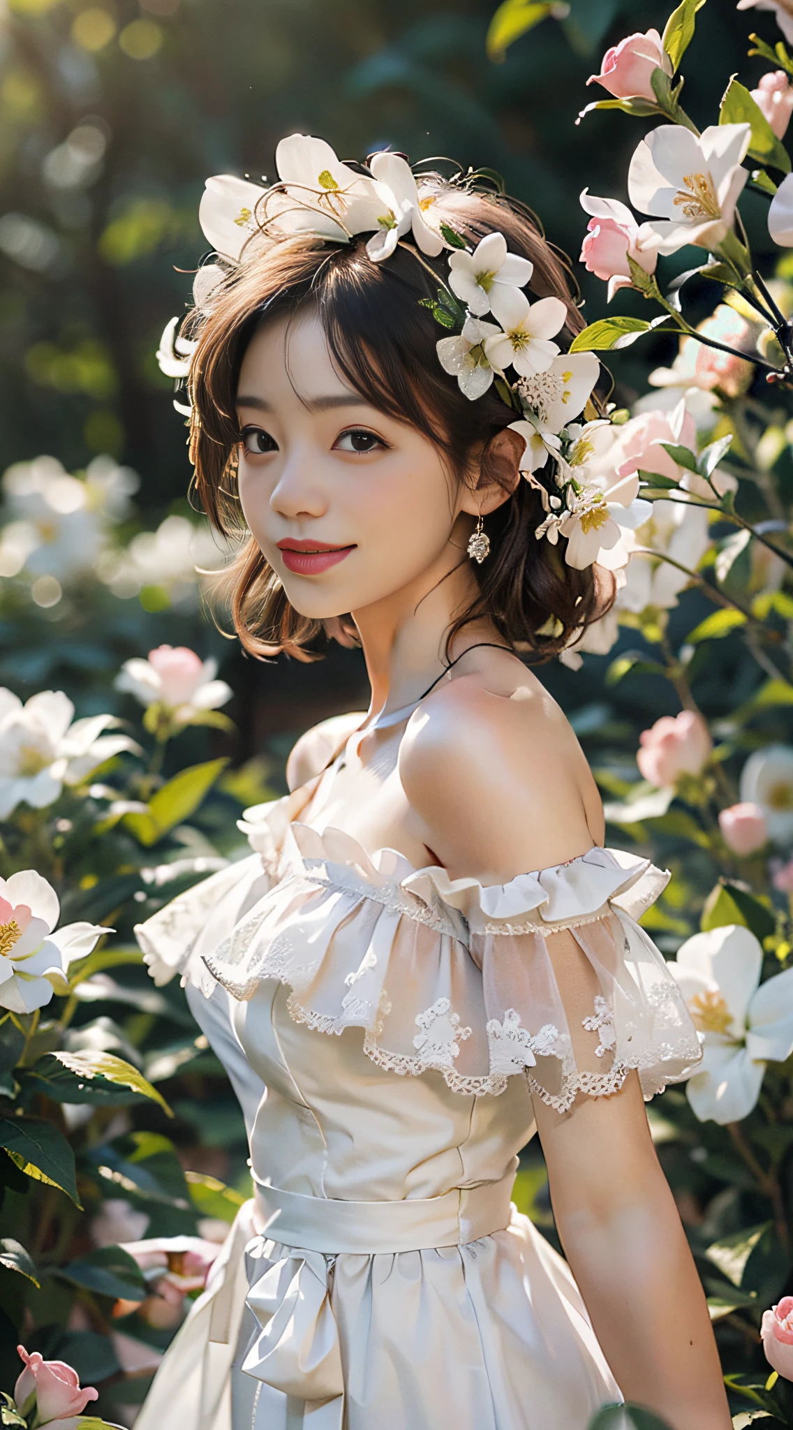 Best quality, masterpiece, ultra high res, (photorealistic:1.4), raw photo, 1girl, white dress, off shoulder, blossom flower field, glowing skin, light smile