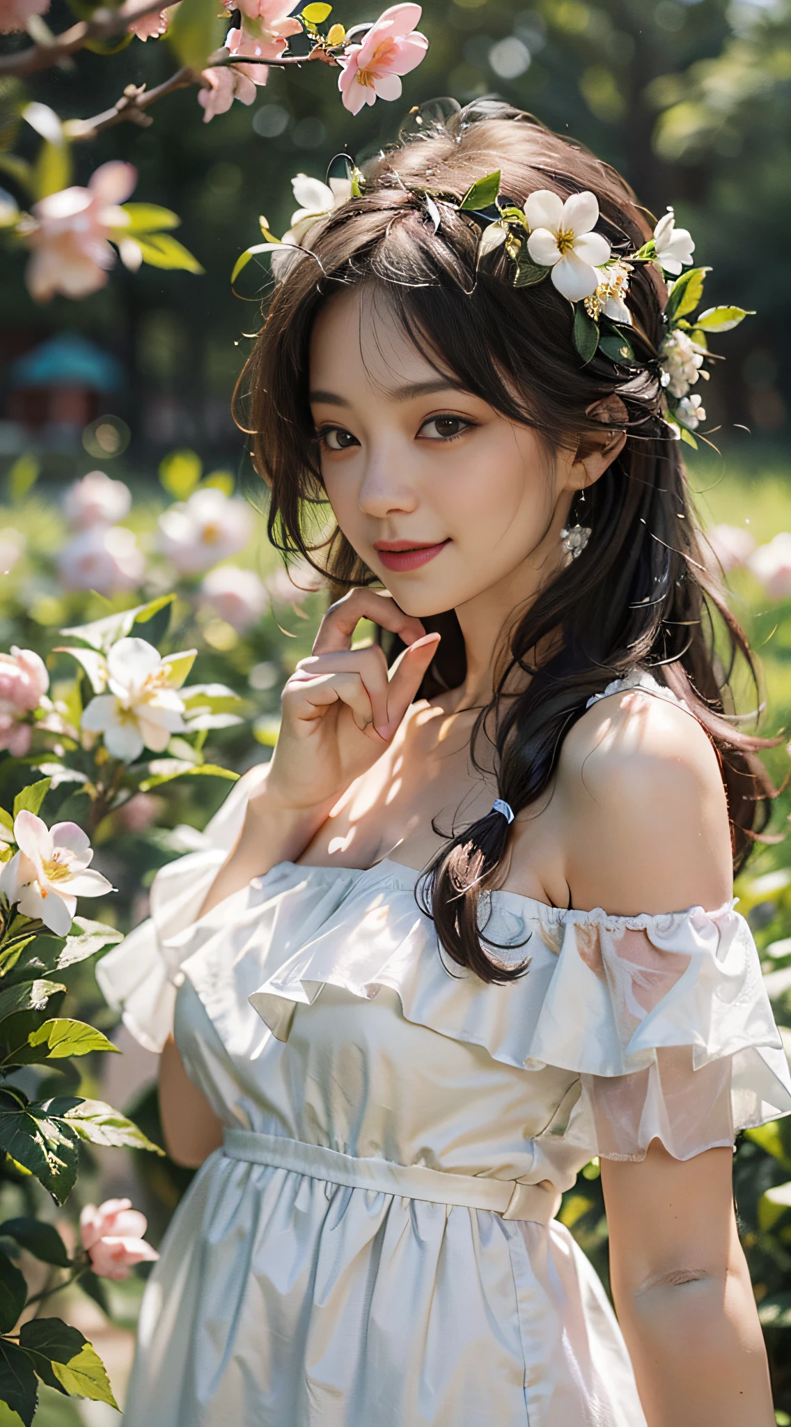 Best quality, masterpiece, ultra high res, (photorealistic:1.4), raw photo, 1girl, white dress, off shoulder, blossom flower field, glowing skin, light smile