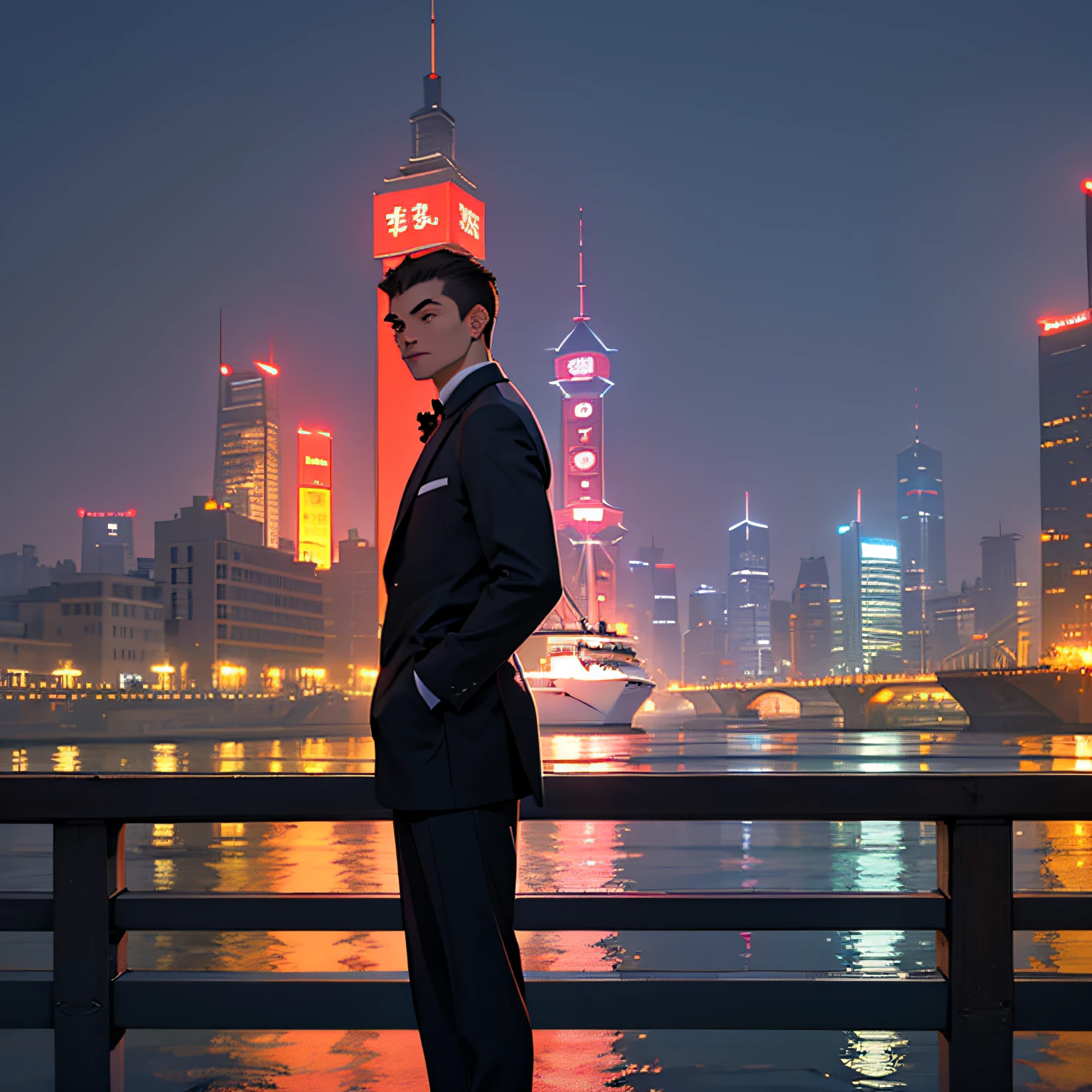 The background is the Bund in Shanghai at night, a vicissitudes of man, standing on a luxurious cruise ship, smoking, looking at the tall buildings on the bank of the Huangpu River, very dashing. --auto