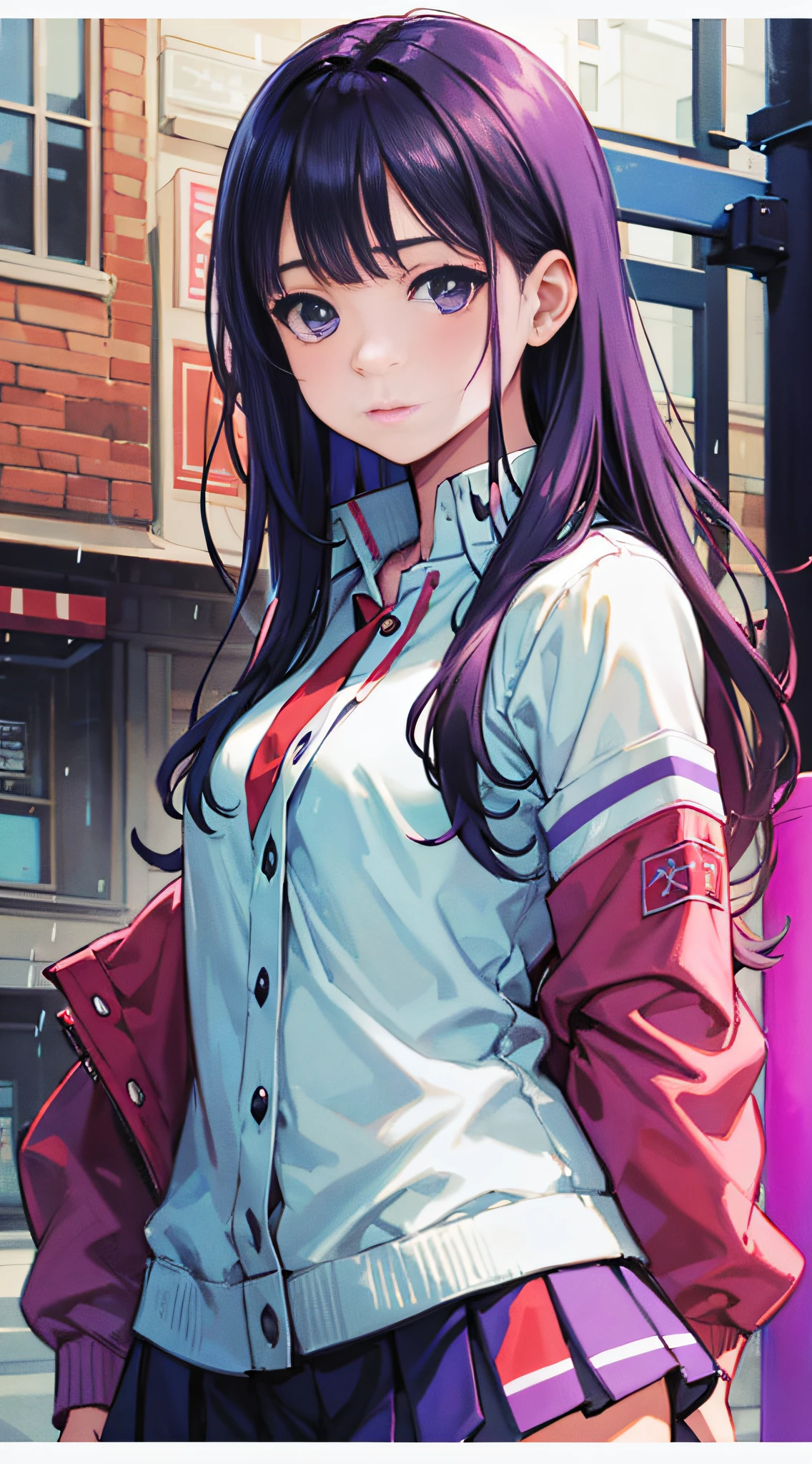 masterpiece, highest quality, realistic, subsurface scattering, chromatic lighting,
colorized, red + white + purple + blue limited color palette, detailed concept drawing, line-art, illustration,
fashion,
close-up of 18yo 1girl,small breasts,
shy,
bangs hair,
urban outfit,
sleeves,
pleated,
metallic,
city,
school, people,
rain
blurred background