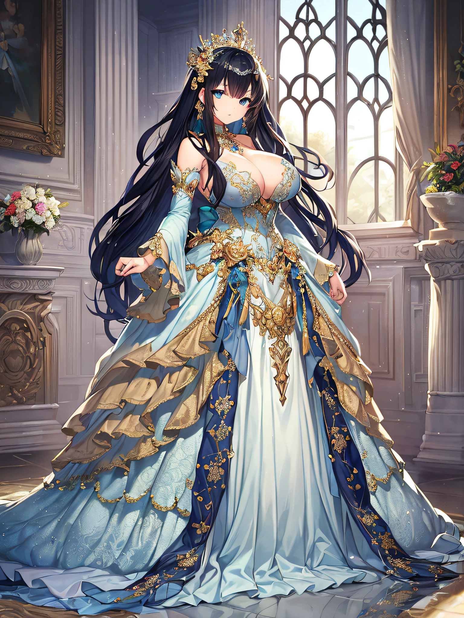 ((anime artstyle)),(Masterpiece),(Best Quality), (Super Detail),Illustration,((Very Delicate and Beautiful)),Focus on character,Dynamic Angle,Looking at viewer,((Solo)),standing,(((full body))),((one noble princess in gorgeous ball gown with voluminous skirt)),detailed face and eyes,jewel-like eyes,((Very Long voluminous Hair)),gorgeous embroidery and lace,See-through,ornate ruffles,Gorgeous jewelry ornaments,luxury hair ornament,luxury tiara with jewels,(gigantic breasts,Long breasts),full body,((gorgeous ball gown with voluminous skirt))