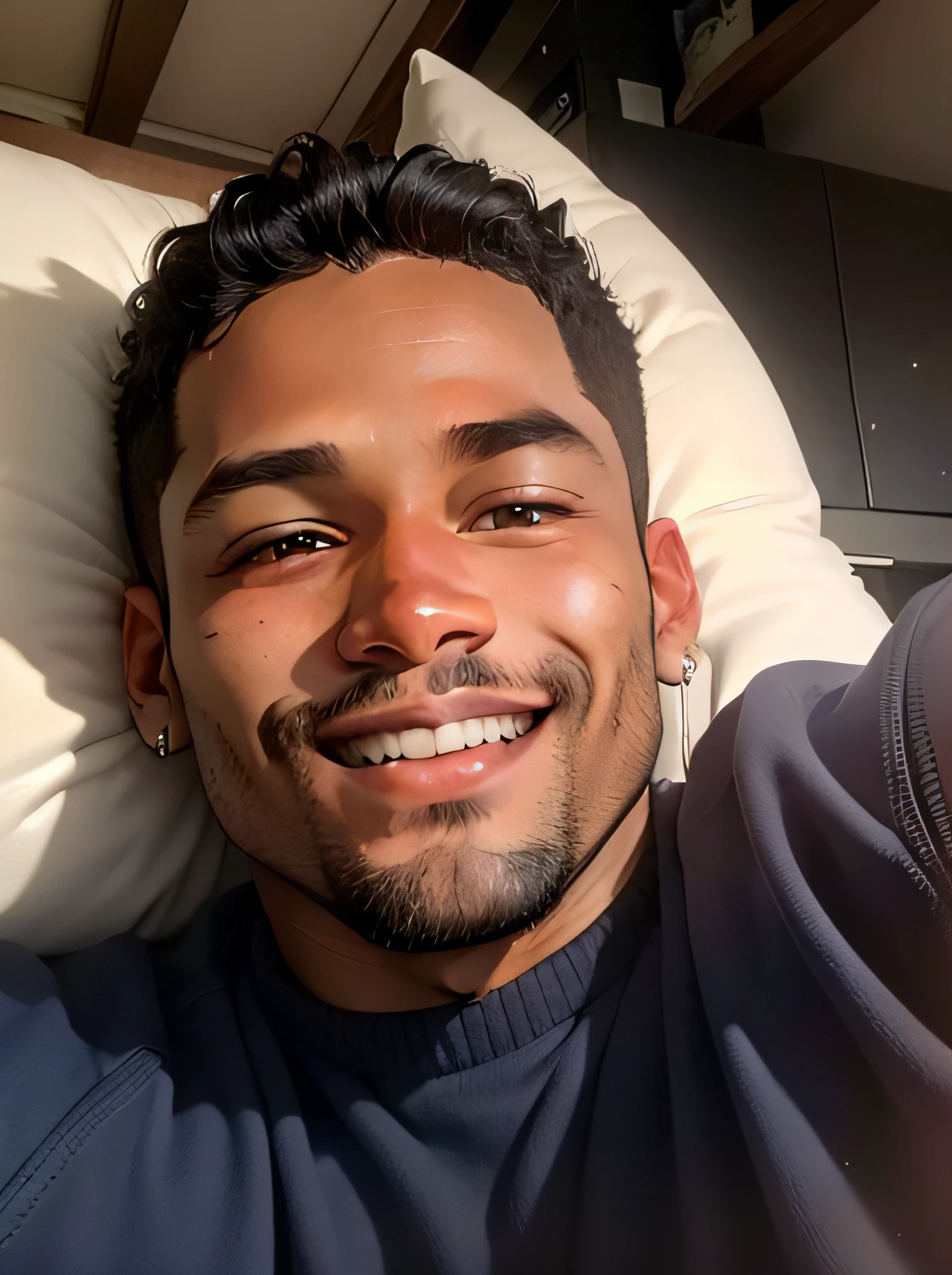 brown skin. straight posture. Smiling. no earring --auto