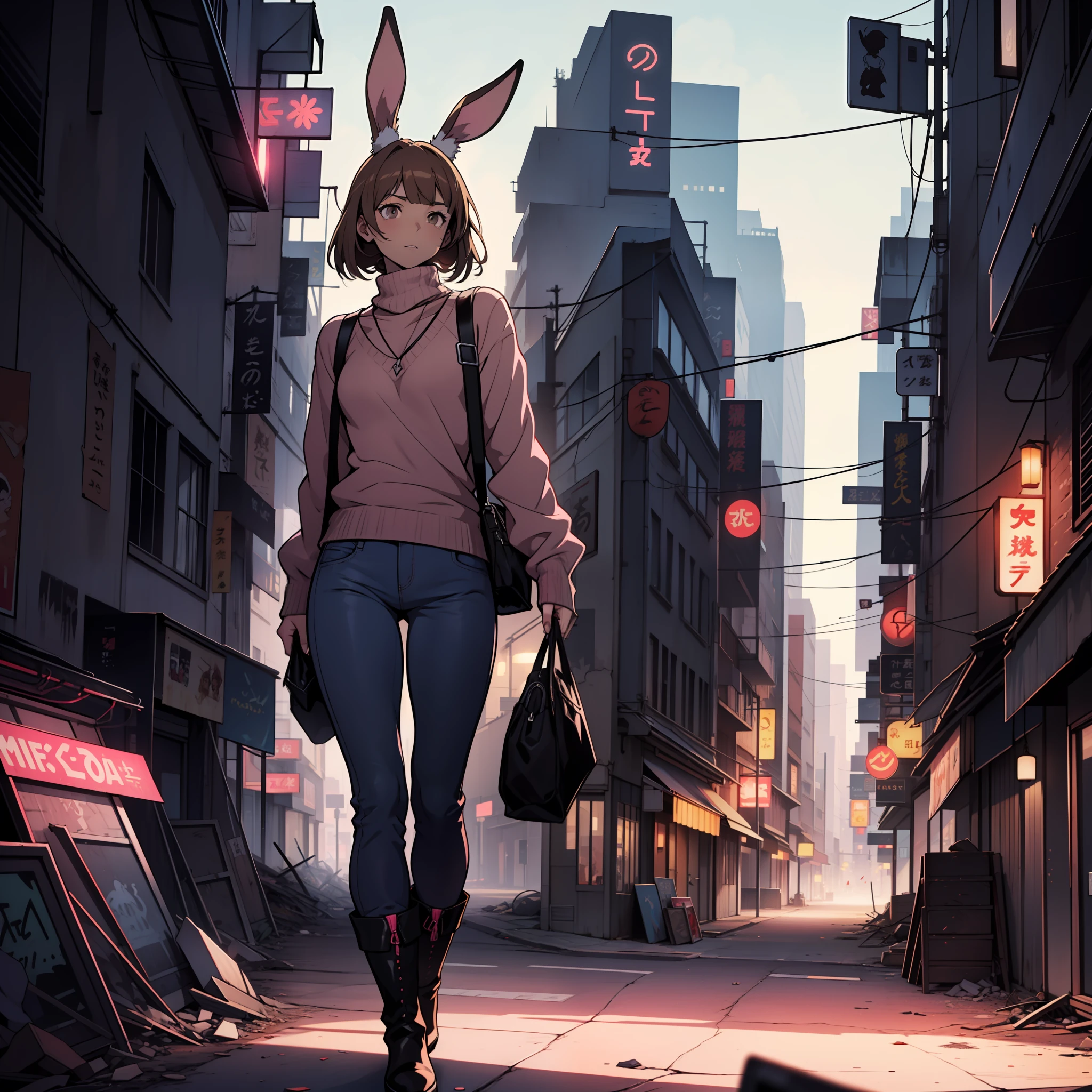 A girl, fair skin, light brown hair, long bangs, rabbit ears, big chest, slender legs, pink sweater, gray pants, black boots, dark brown eyes, apocalyptic background, destroyed city, nightlife, anime, 2d, cartoon.