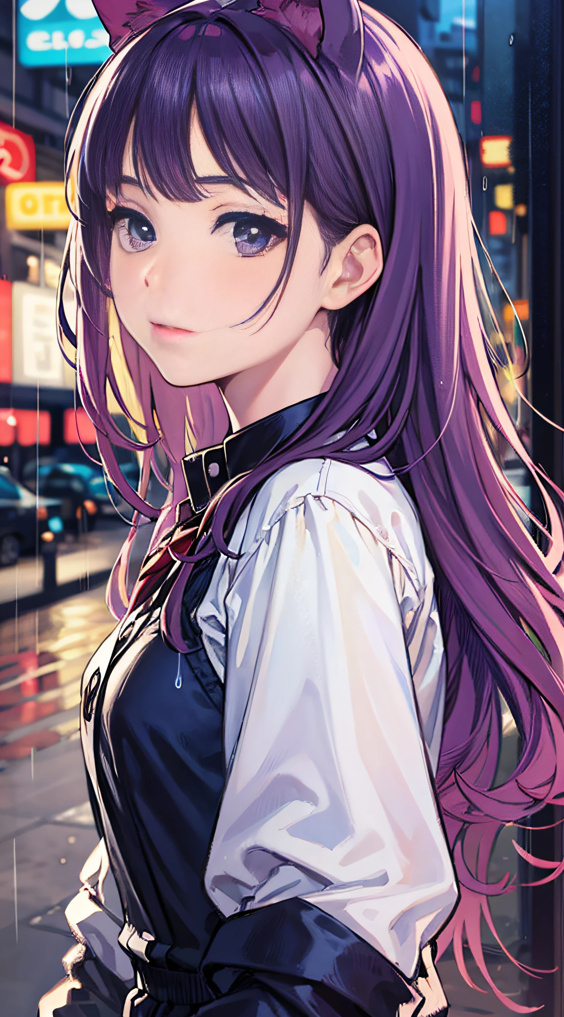 masterpiece, highest quality, realistic, subsurface scattering, chromatic lighting,
colorized, red + white + purple + blue limited color palette, detailed concept drawing, line-art, illustration,
fashion,
close-up of 18yo 1girl,small breasts,
shy,
bangs hair, 
urban outfit,
sleeves,
pleated,
metallic,
city,
school, people,
rain
blurred background