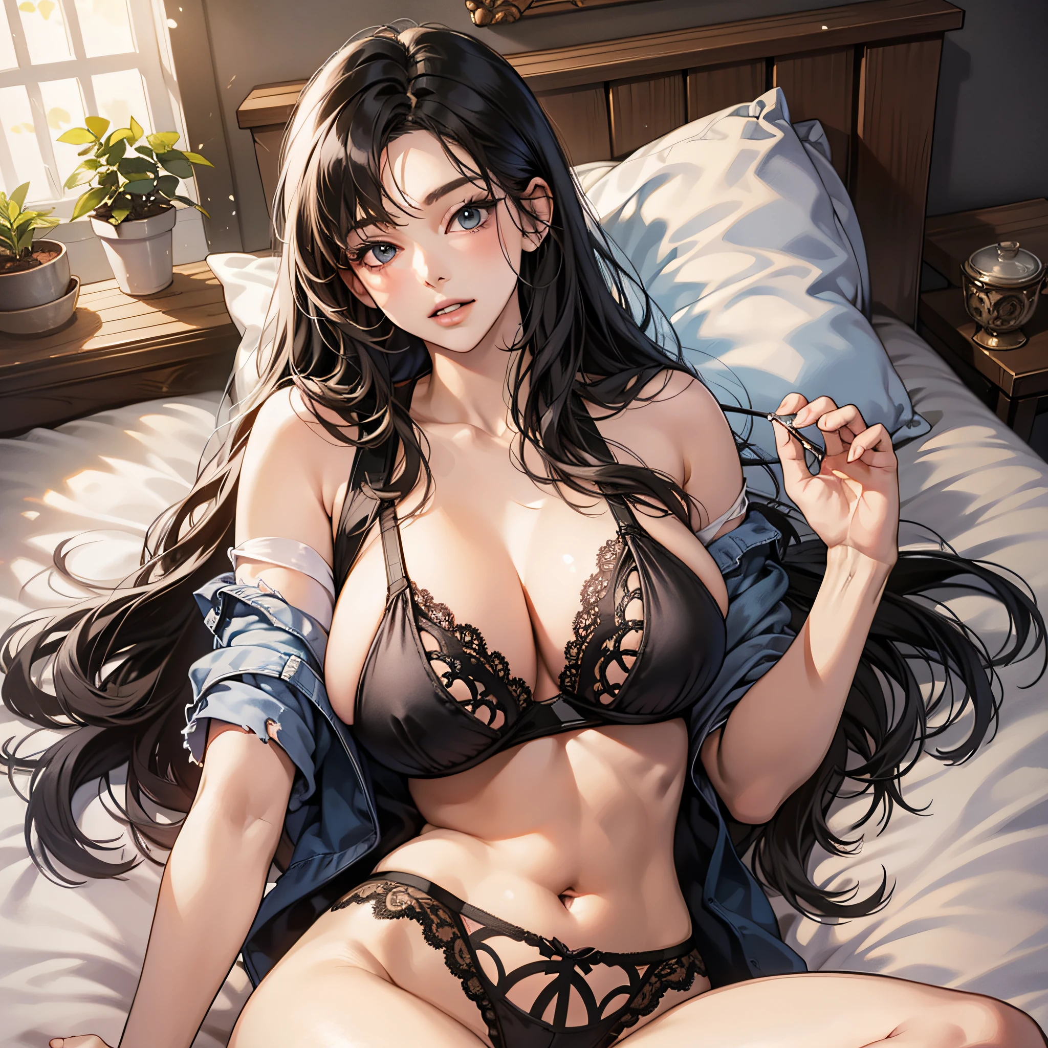 Looking at this, attractive young woman with long black hair, tattered torn ?????????, big, tight skin, soft looking big, ?????? wide open, shape of the tip of recognizable, ?????? showing through, pubic area clearly visible, thin lace ?????????, lying on bed