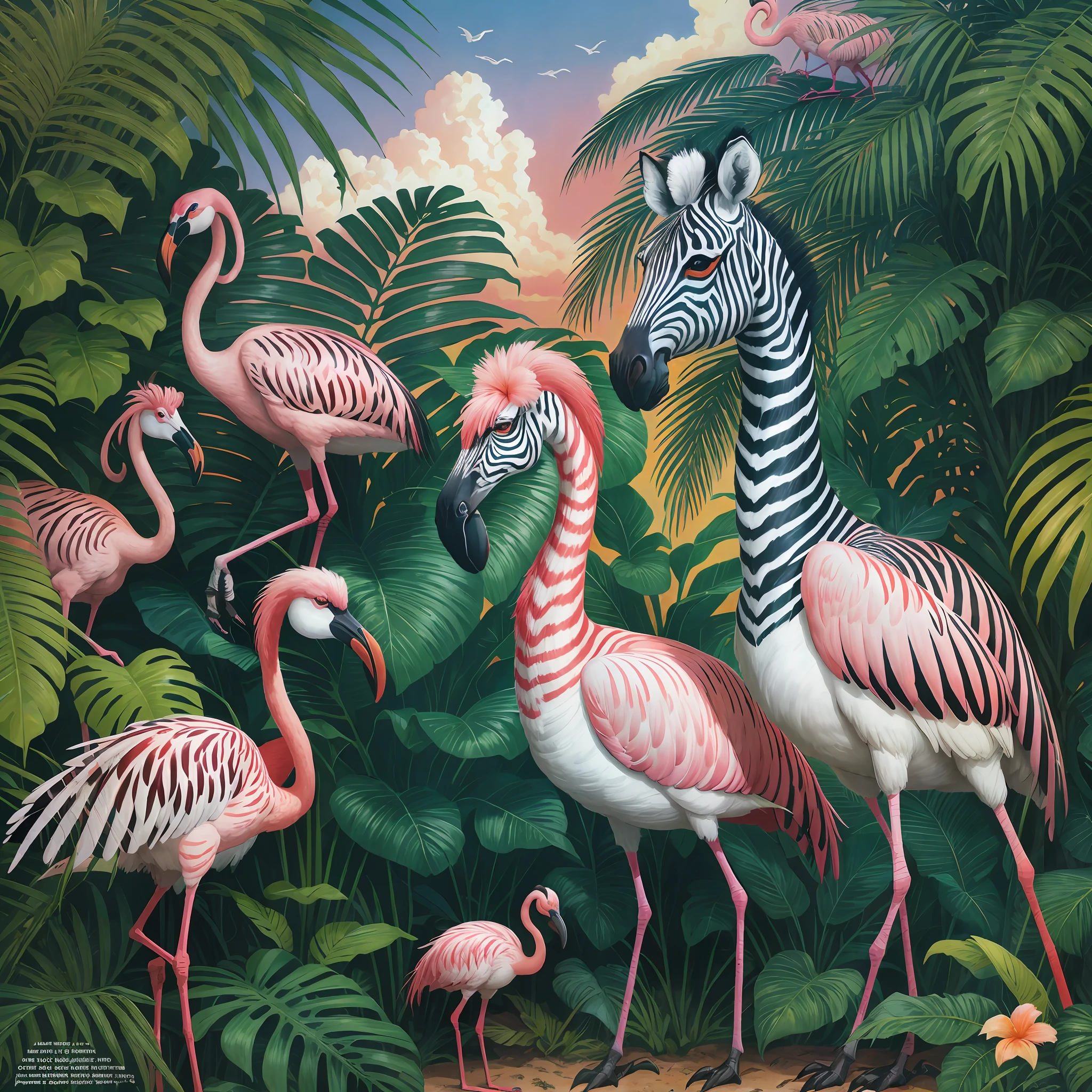 zebra and flamingos in the jungle with palm trees and flowers, jim warren, tropical, by Susan Heidi, tropical paradise, by David B. Mattingly, by Wayne England, by Joe Jusko, amazing background, tropical birds, wildlife illustration, by Richard Mayhew, by Ron Walotsky, hildebrandt, filled with fauna, tropical atmosphere