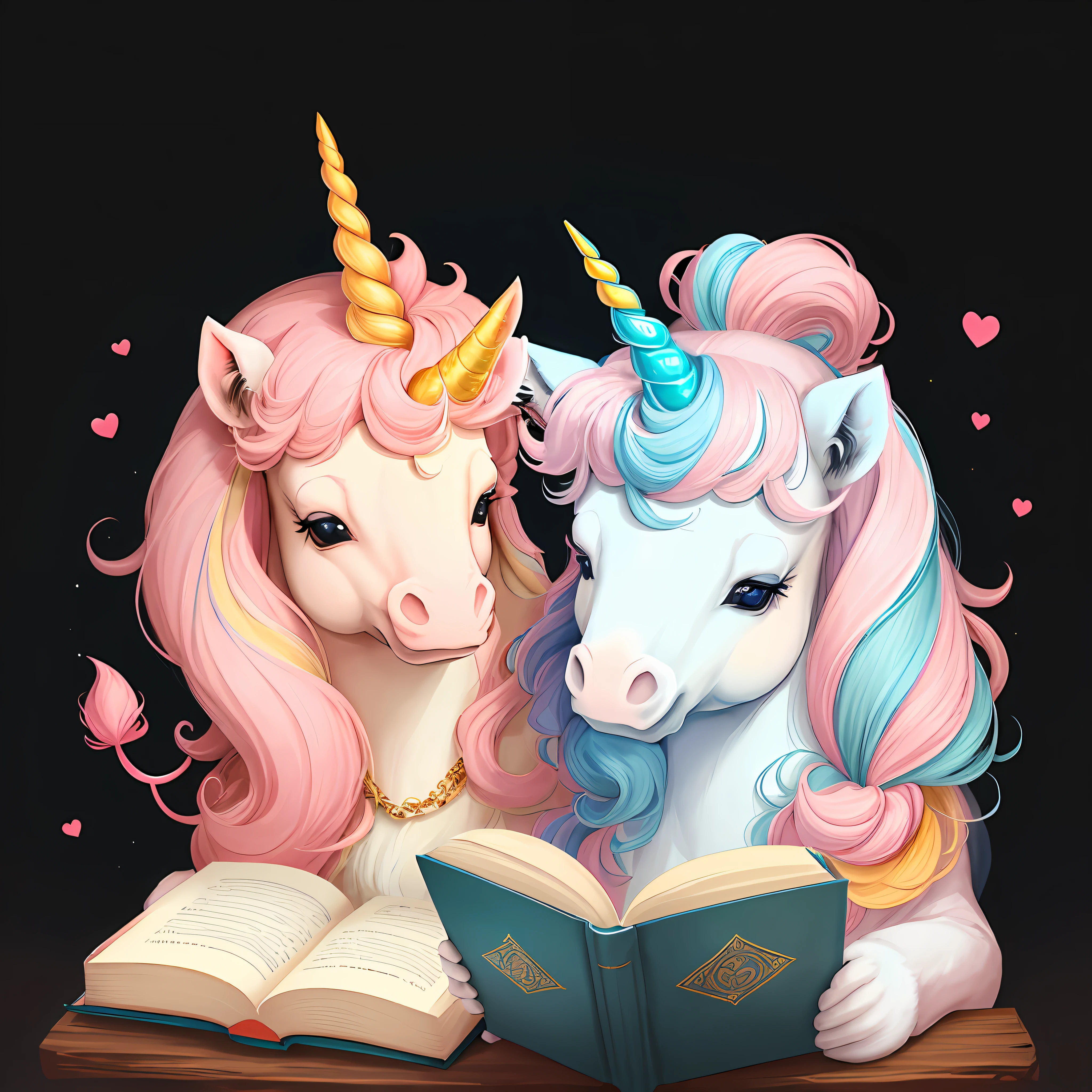 two cute unicorn, one horn, pink, blue, reading book, simbpe background --auto