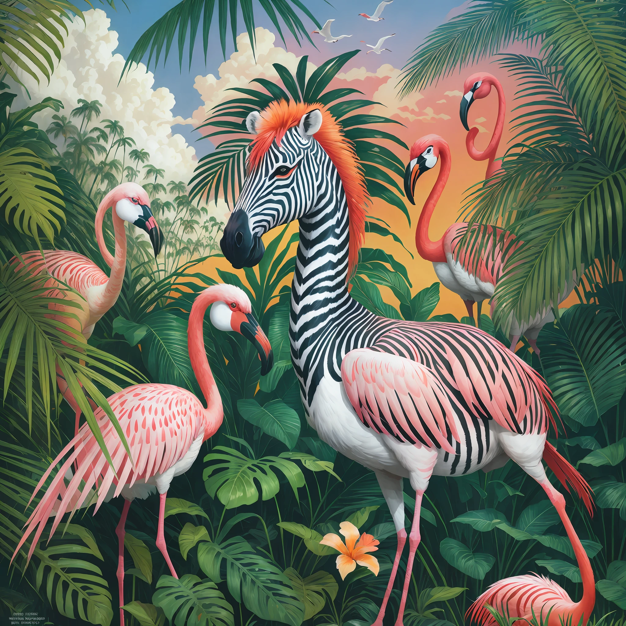 zebra and flamingos in the jungle with palm trees and flowers, jim warren, tropical, by Susan Heidi, tropical paradise, by David B. Mattingly, by Wayne England, by Joe Jusko, amazing background, tropical birds, wildlife illustration, by Richard Mayhew, by Ron Walotsky, hildebrandt, filled with fauna, tropical atmosphere