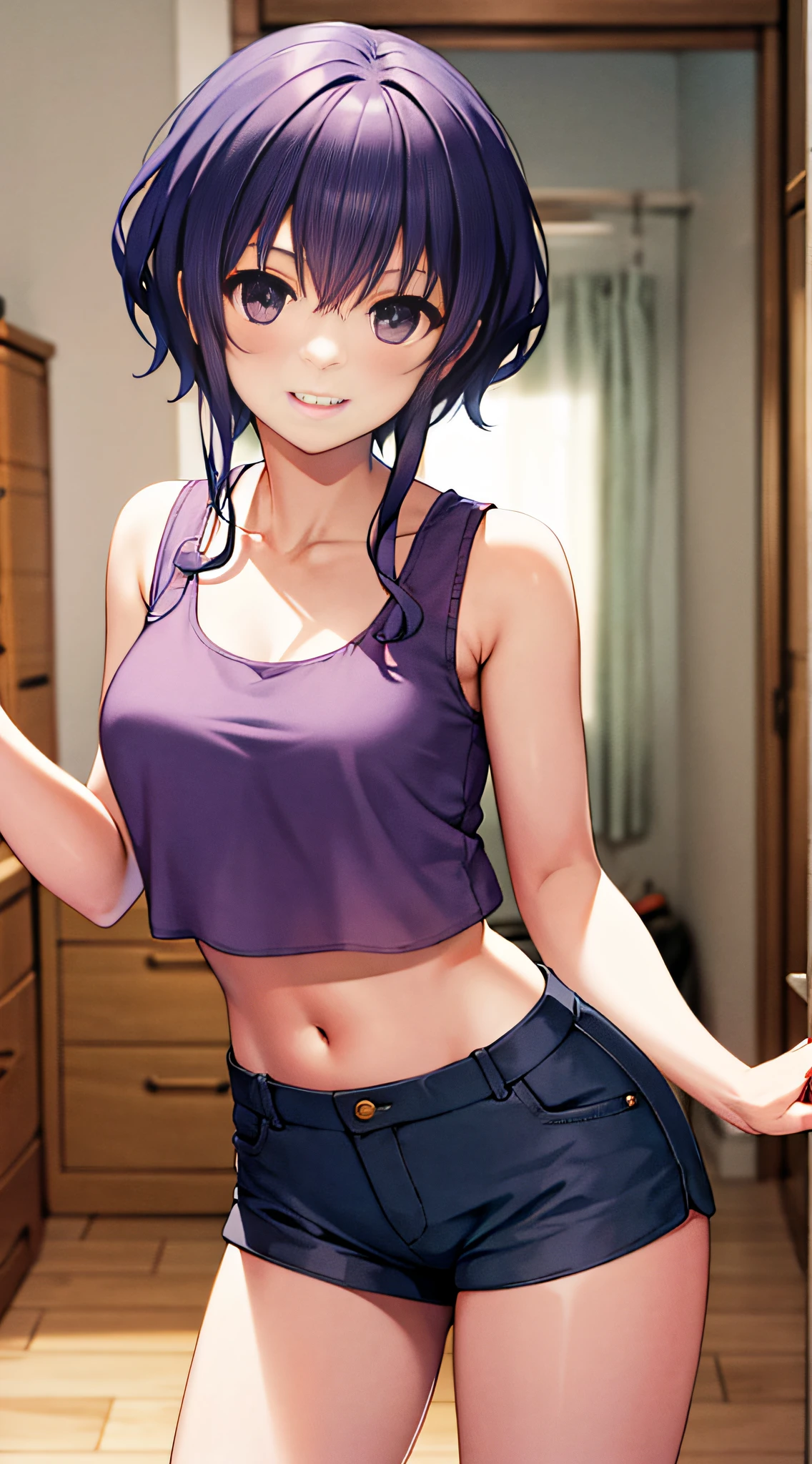 masterpiece, best quality, highres, hyoudou michiru, solo, tank top, crop top, short shorts, midriff, cowboy shot, smile, indoors,