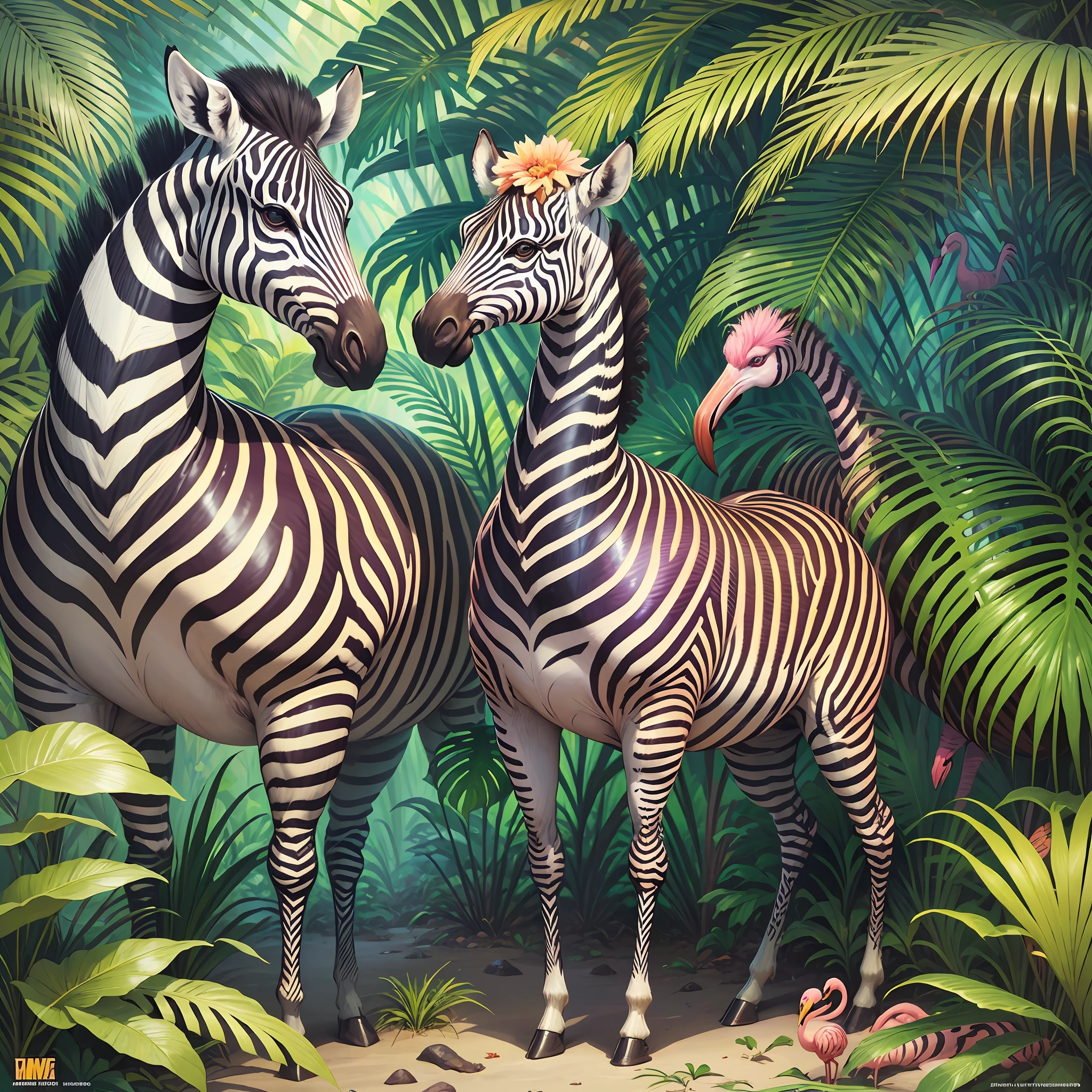 zebra and flamingos in the jungle with palm trees and flowers, jim warren, tropical, by Susan Heidi, tropical paradise, by David B. Mattingly, by Wayne England, by Joe Jusko, amazing background, tropical birds, wildlife illustration, by Richard Mayhew, by Ron Walotsky, hildebrandt, filled with fauna, tropical atmosphere --auto --s2