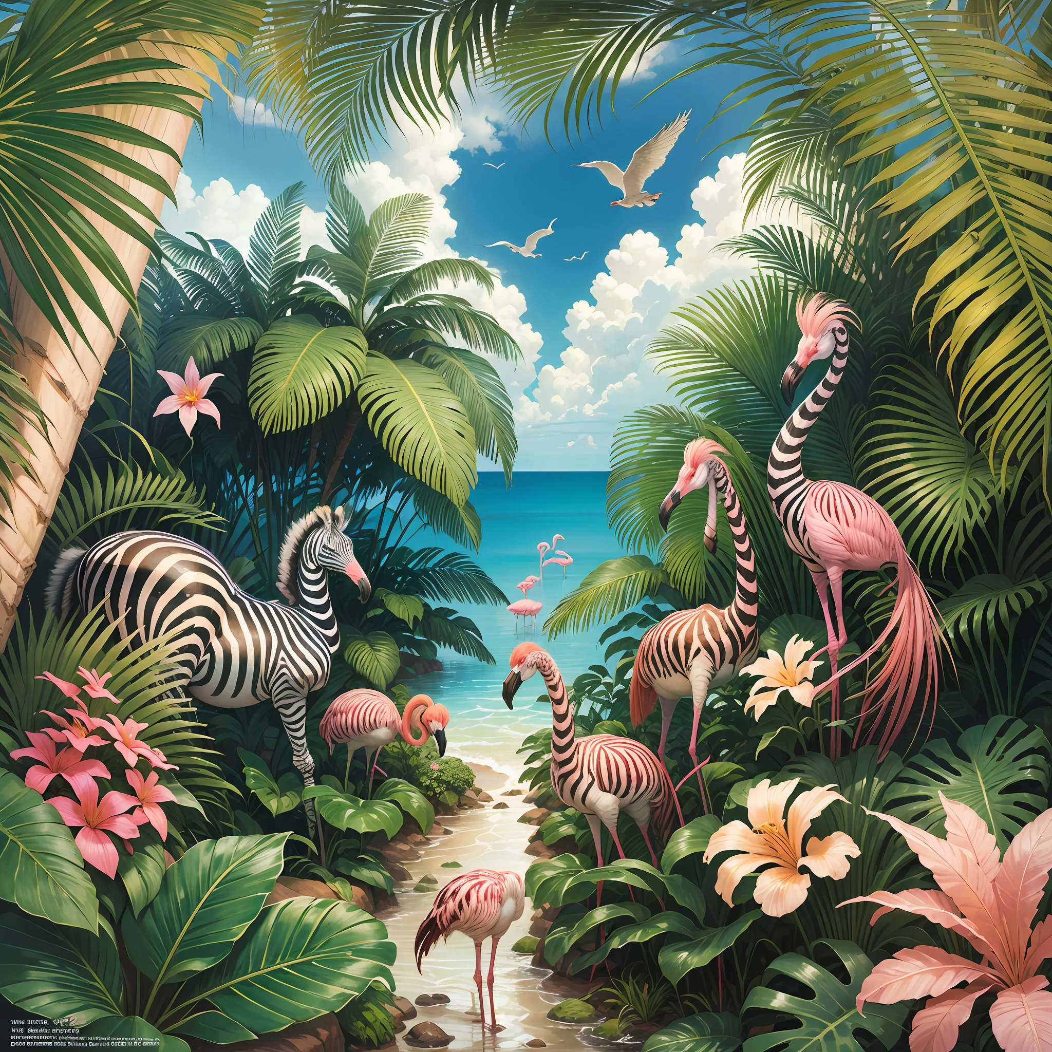 zebra and flamingos in the jungle with palm trees and flowers, jim warren, tropical, by Susan Heidi, tropical paradise, by David B. Mattingly, by Wayne England, by Joe Jusko, amazing background, tropical birds, wildlife illustration, by Richard Mayhew, by Ron Walotsky, hildebrandt, filled with fauna, tropical atmosphere --auto --s2