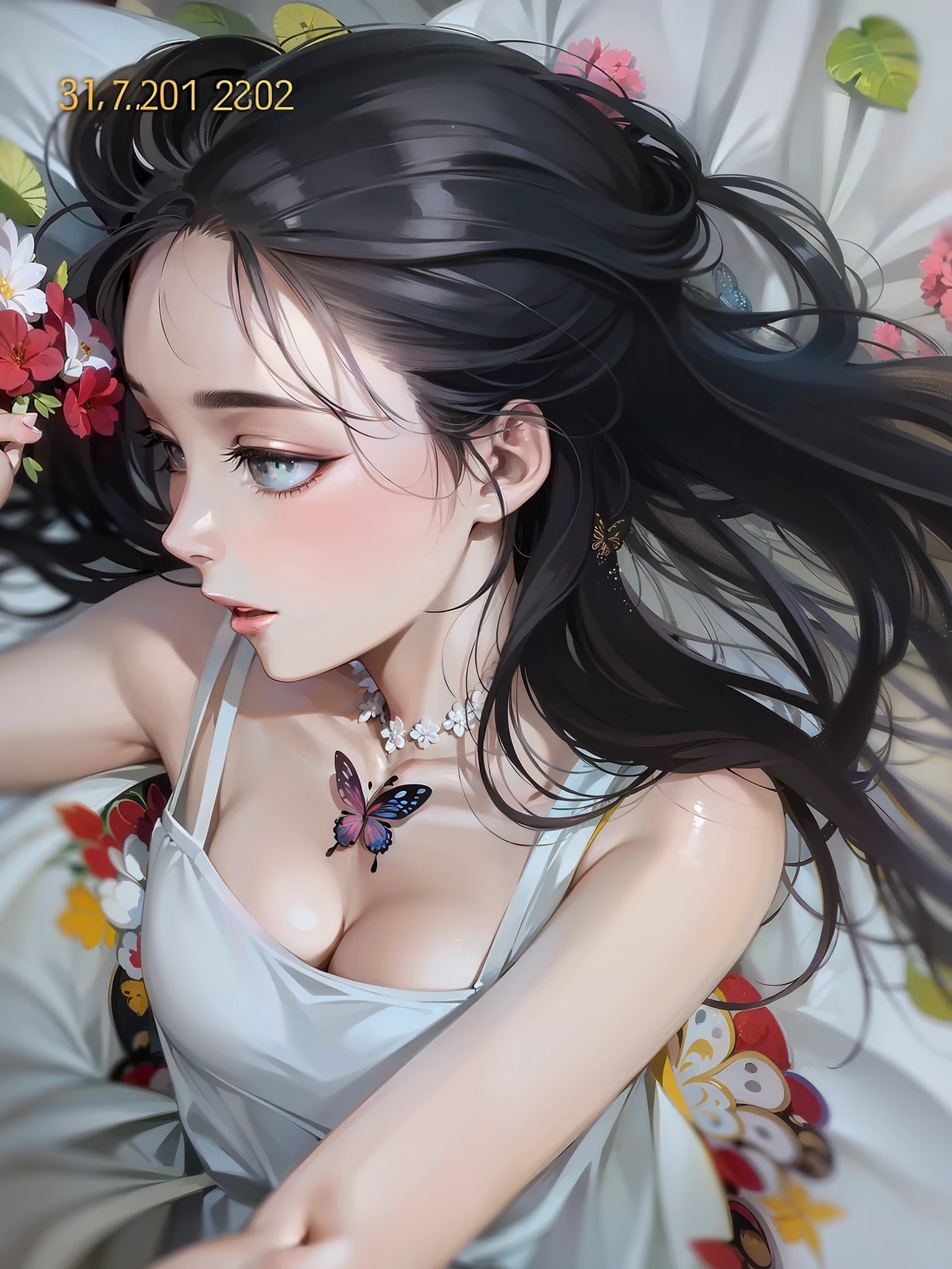 Long hair, black hair, butterfly tattoo on chest, fair skin, lying in bed, soft light, soft quality