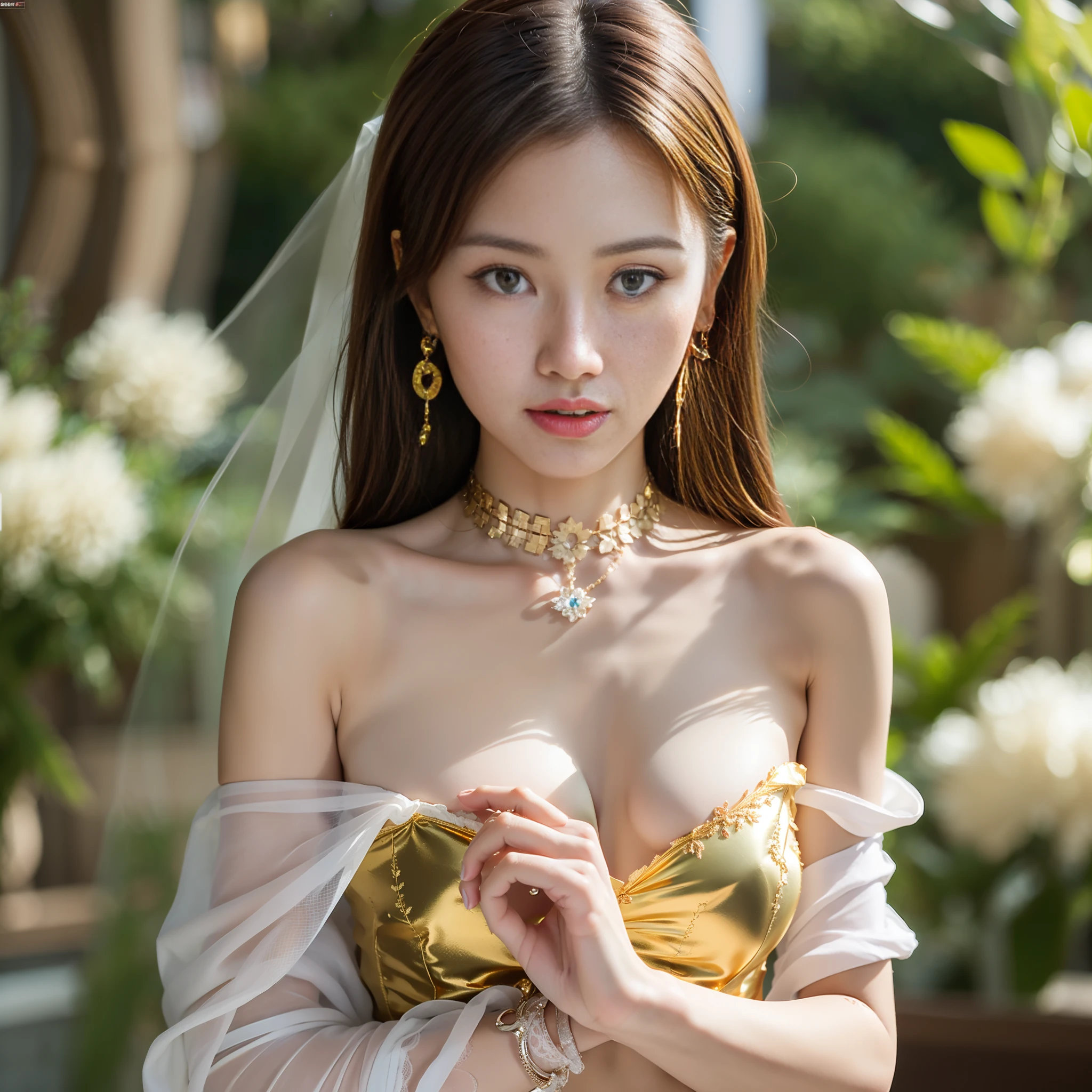 Woman, openwork lace mesh one-shoulder bandeau hip skirt, gold jewelry, elegance, lightness, confidence, mang, gold chain, diamond, floral figure, wisdom, charm, pure, noble, artistry, best quality, masterpiece, highres, (original)), extremely detailed wallpaper, (original:1.5), (masterpiece:1.3),(high resolution:1.3),(an extremely detailed 32k wallpaper:1.3),(best quality),highest quality,fine CG,high quality,high quality,high finish,depth of field,(1 girl:1.5),(an extremely delicate and beautiful girl:1.5),(perfect whole body details: 1.5), beautiful and delicate nose, beautiful and delicate lips, beautiful and delicate eyes, (clear eyes: 1.3), beautiful and delicate facial features, beautiful and delicate face, hand processing, hand optimization, hand detail optimization, hand detail processing, detailed beautiful clothes, complex details, extreme detail portrayal, HDR, detailed background, realistic, ( transparent PViridescent colors: 1.3) ,((K cups: 1.8, chest rounded and erect, exposing collarbone)))