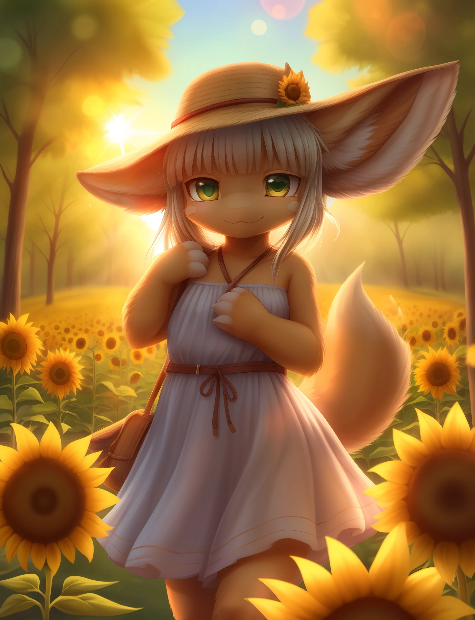 Masterpiece, (Nanachi), :3,summer dress, summer hat, sunflowers, cowboy shot, fluffy, posing, in nature, beautifully detailed scene, trees,  natural volumetric lighting, lens flare,