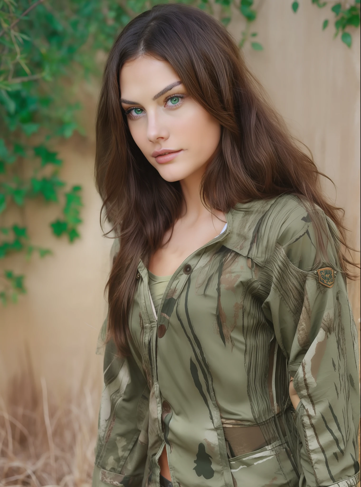 Green eyes brunette in warrior clothes