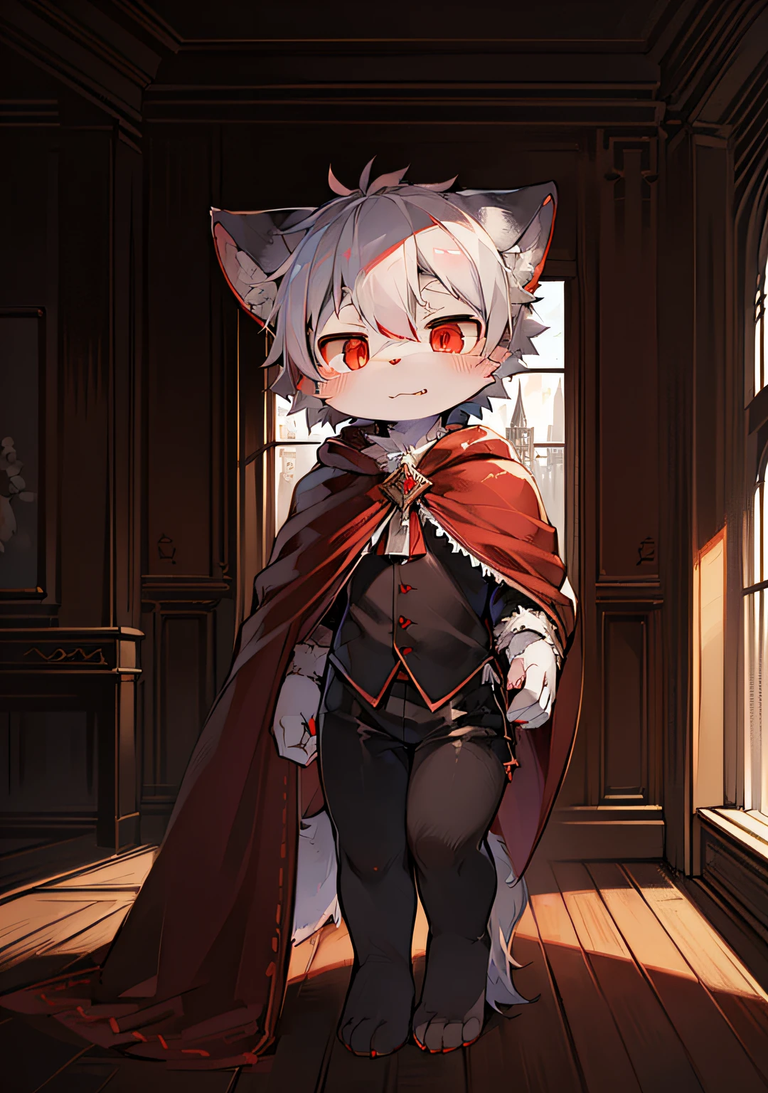 (dark environment:0.8),masterpiece, high quality, absurd res, digital painting \(artwork\), by dagasi, yupa,kiyosan,(anthro,fluffy fur,character focus:1.1),anthro male cat,short hair,portrait, bright eyes,panorama,character focus.(detailed background:0.7),solo,furry,furry male ,male focus,anthr,(Full body fur, fluffy tail, white fur,red eyes,gray hair:1.2),(long canines,vampire, cape:1.2),(interior,night, castle, coffin:1.1)