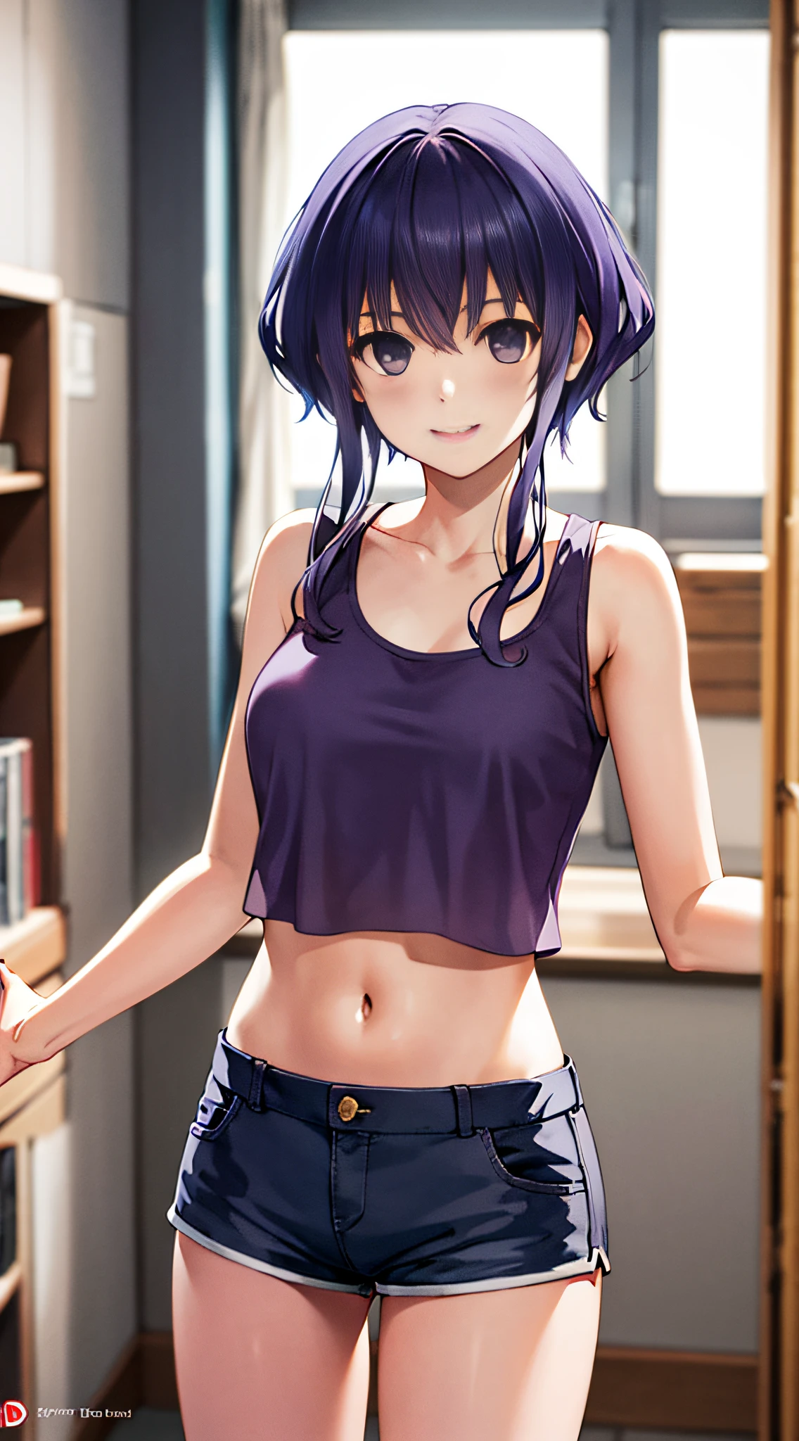 masterpiece, best quality, highres, hyoudou michiru, solo, tank top, crop top, short shorts, midriff, cowboy shot, smile, indoors,