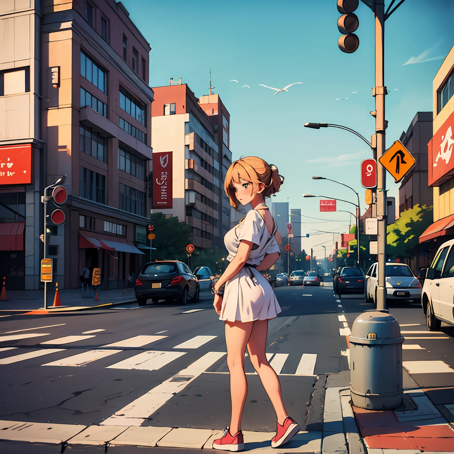 girl crossing street, sexy girl, short dress, big ass, giant breasts, side photo, traffic signal, modern city --auto