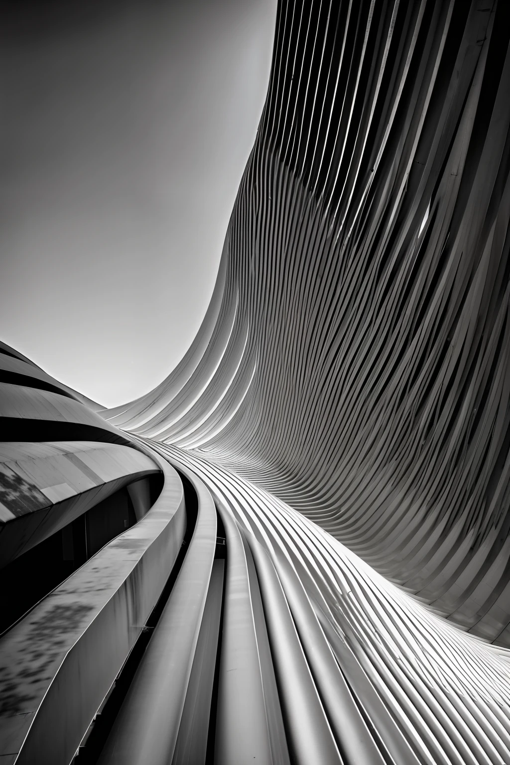 Realistic black and white photography. Large buildings with curved shapes and shadows and lights and Santiago Calatrava