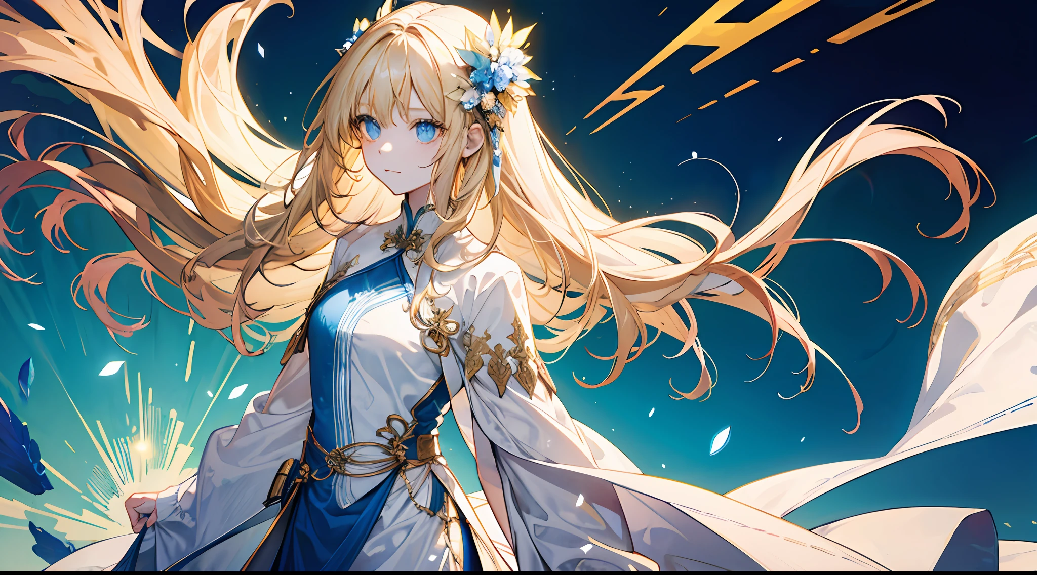 A , beautiful, otherworldly, elegant, full body, long blonde hair, simple dress, white and blue long dress, extreme details, magic, golden streamers surrounding, angel coming, magic array, gods, holiness, an angel sword that radiates golden light