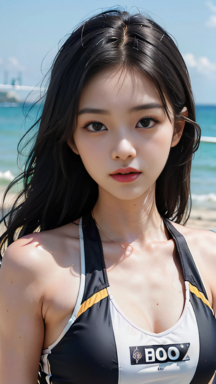 Slender Asian girl, kpop idol, ((beach volleyball)), ((top quality, 8k, masterpiece: 1.3)), crisp focus: 1.2, beautiful woman with perfect figure: 1.4, ighly detailed face and skin texture, detailed eyes, skinny, beautiful face, symmetrical face, full-length, slightly naked, sexy, partially visible boobs