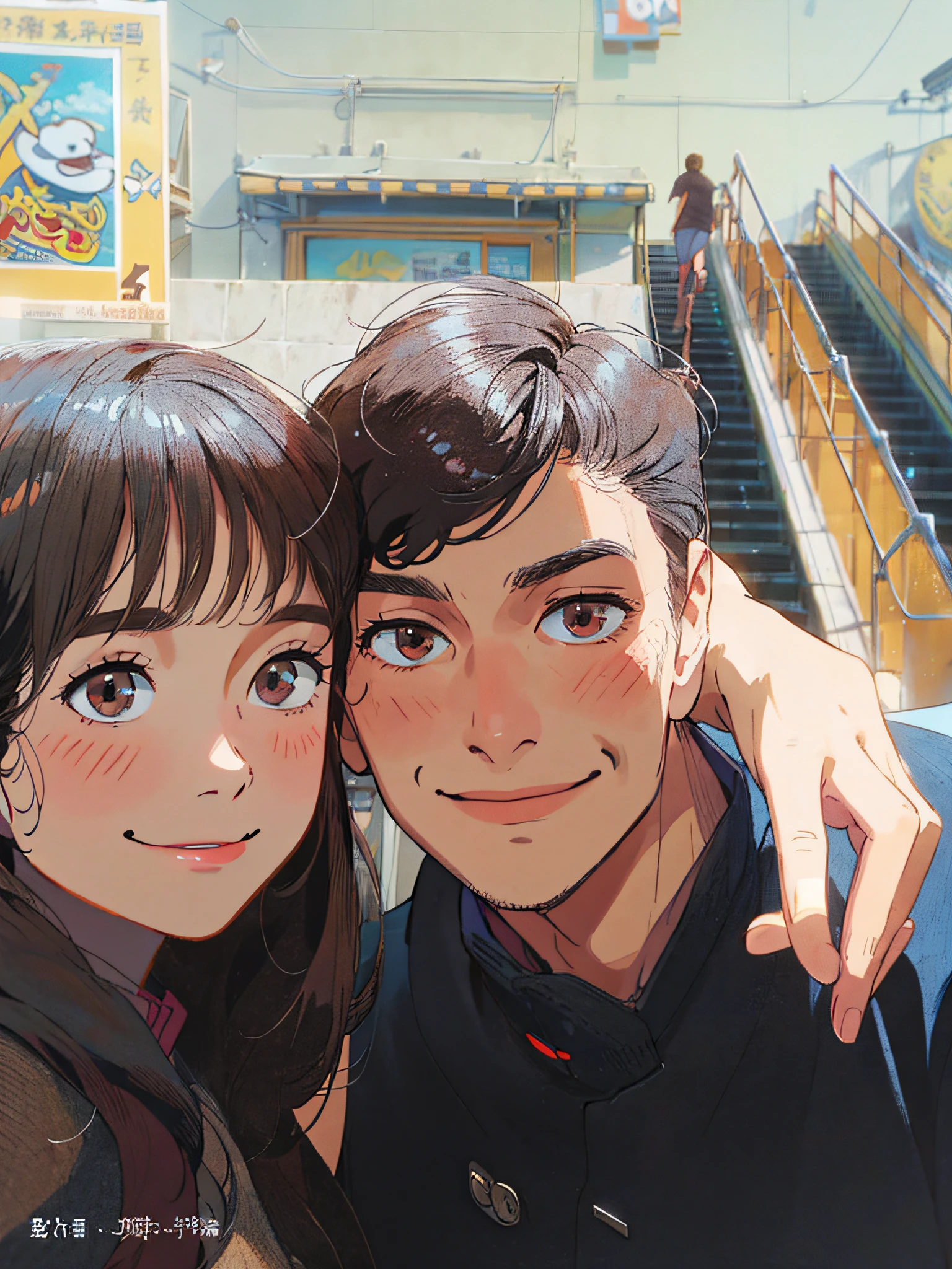 High quality, animated comic style, small fresh, simple background, clean background, a couple taking a selfie, girl on the left, boy on the right, boy in black, looking at the camera, cute, background is on the street, smile, shut up