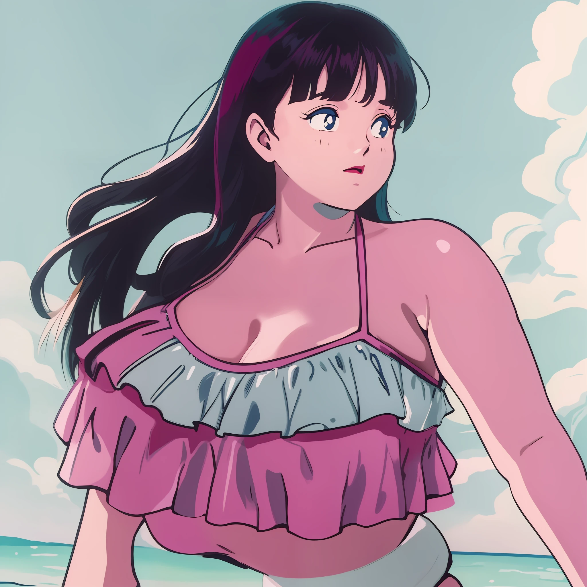 Anime BBW girl in bikini, Marin kitagawa fanart, Nishimiya Shouko, Sui Ishida Art manga, swimsuit, Junko Enoshima, wearing a swimsuit, Akiri Toriyama, by Yasutomo Oka, inspired by Miwa Komatsu, Shikamimi, full color manga visual style, inspired by Naoko Takeuchi