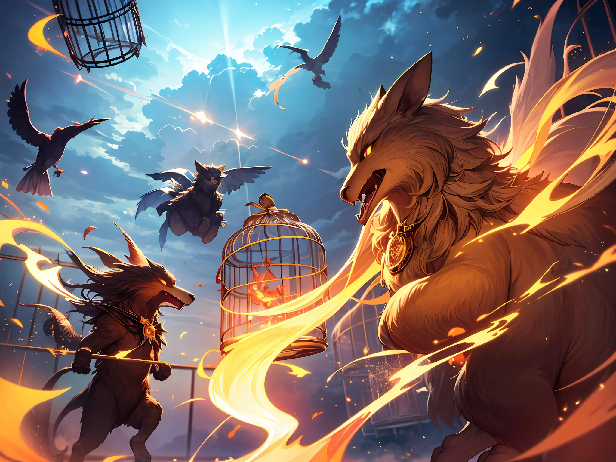 Mythical beasts come out of their cages and fly in the sky, (broken cage:1.5),clouds, lightning, flames, tornadoes