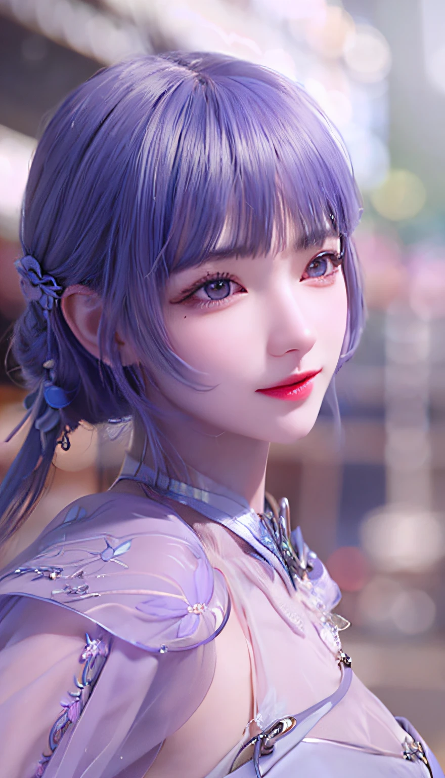 Close-up of a person in purple costume and purple hair, seductive princess knight, beautiful woman with violet skin, giggling character, super detailed fantasy character, Yunling, full body fairy, Hirase Jinyao, beautiful and elegant queen, portrait of the queen, beautiful woman with gorgeous robes, ((delicate and beautiful facial features)), ((perfect face))
