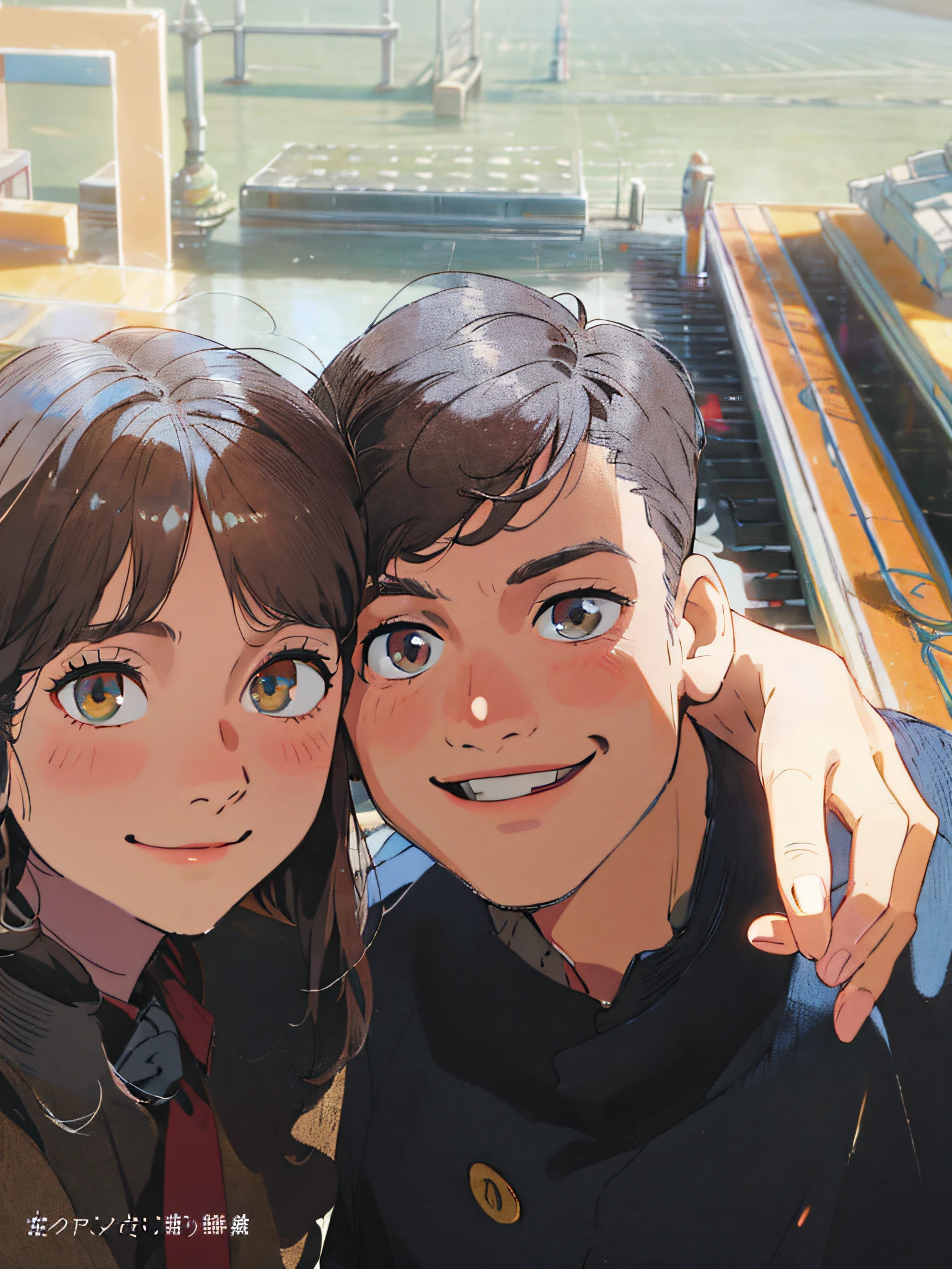 High image quality, no need for light and shadow, small fresh, small fresh, simple background, clean background, a couple taking a selfie, girl on the left, boy on the right, boy in black, looking at the camera, cute, background is on the street, shallow smile, shut up