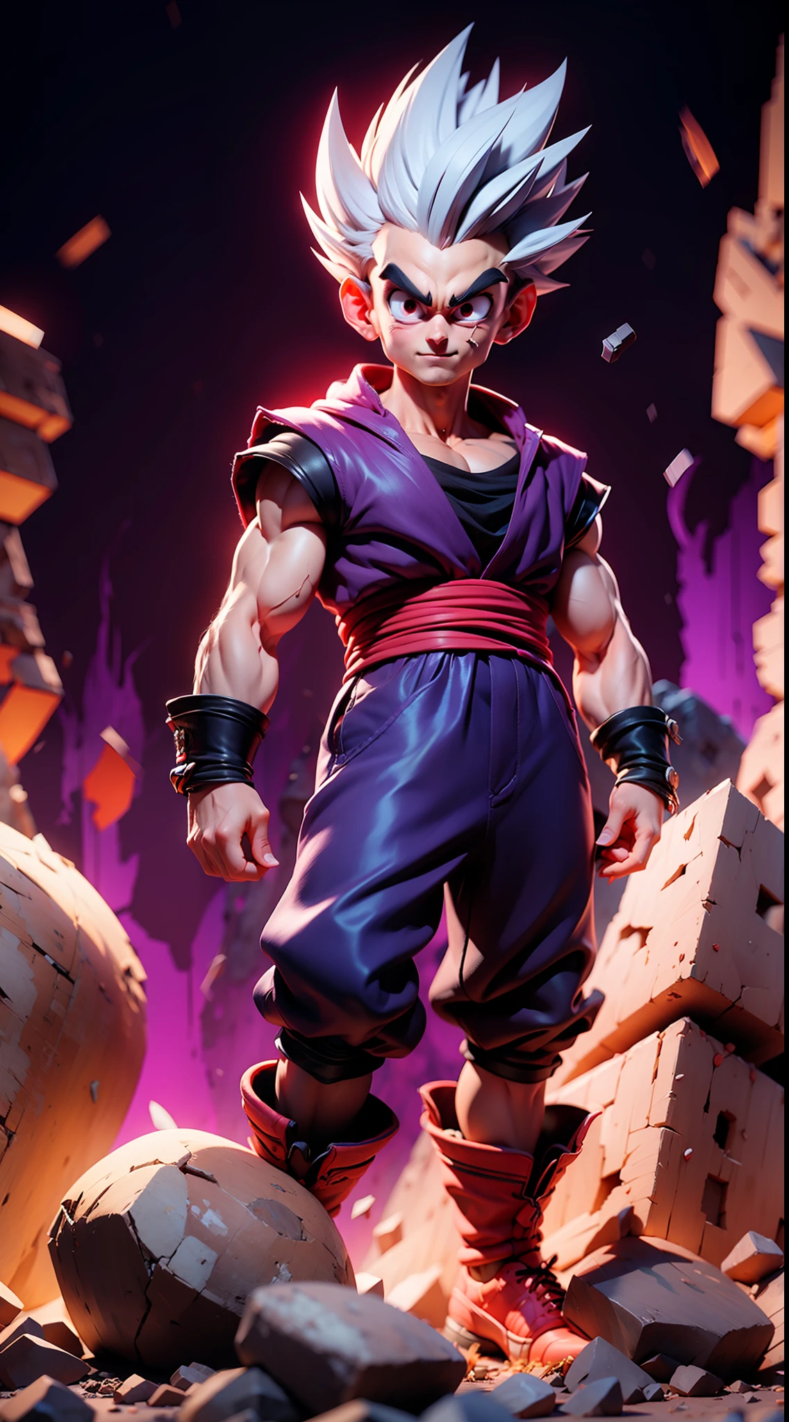 masterpiece, best quality, ultra-detailed, Adult Gohan 1boy, solo, Full body, evil smile, grey hair, spiked hair, (((red eyes))), (((perfect eyes))), (((PURPLE dougi))), full body, looking at viewer, male focus, earth \(planet\), planet, space, cracked ground and lots of rocks rising up, lots of debris going up, perfect hands . Cute, chibi,