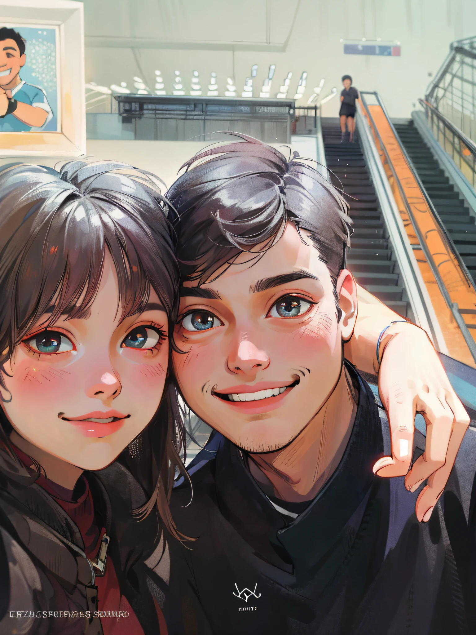High quality, small fresh, concise, a couple taking a selfie, girl on the left, boy on the right, boy in black, looking at the camera, cute, background is blank, shallow smile, shut up,