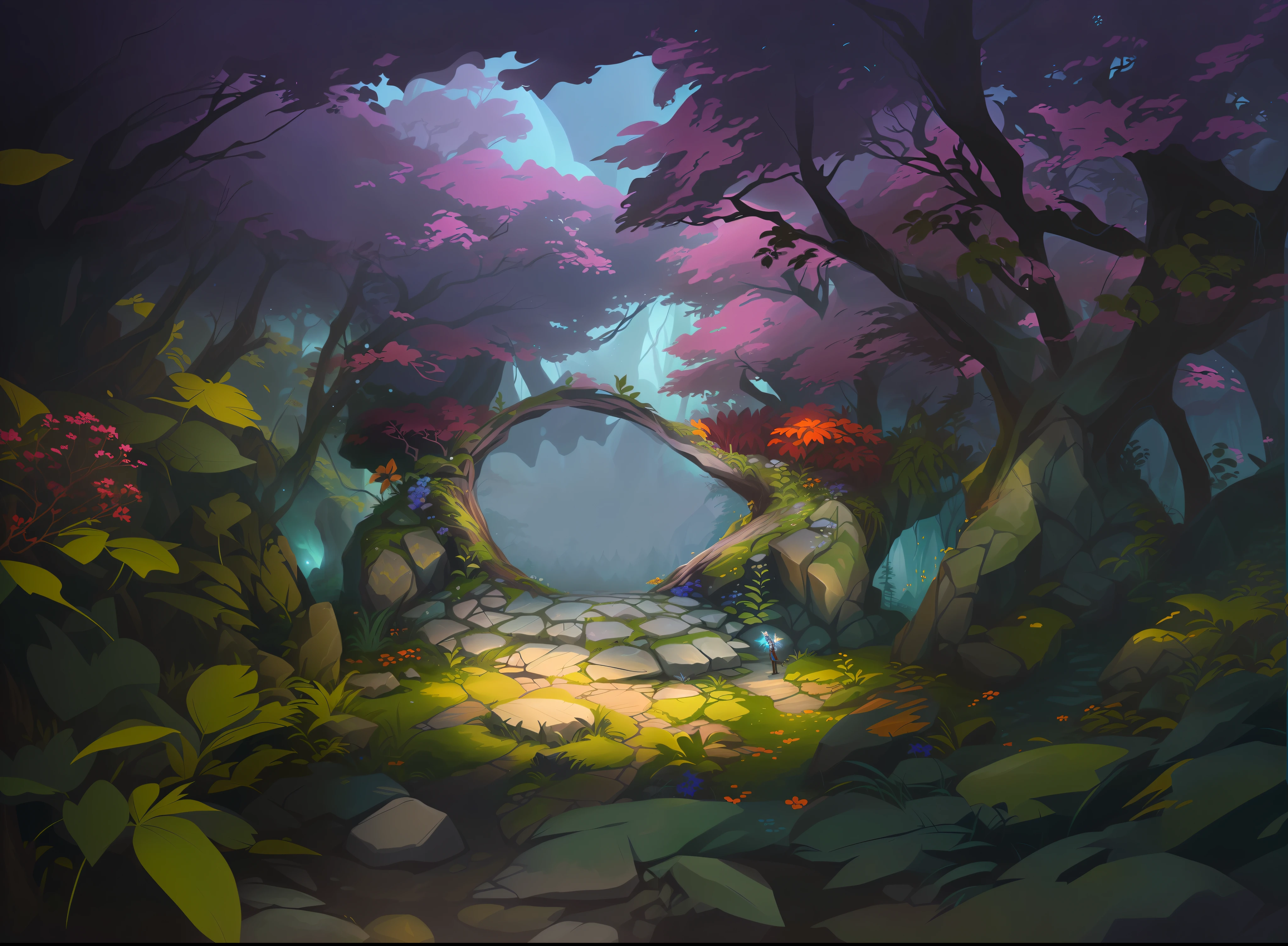 there is a stone path in the middle of a forest, magic stone portal in the forest, wonderland portal, forest portal, background art, magical portal gateway, anime background art, fantasy forest background, painted as a game concept art, fantasy forrest background, ross tran. scenic background, magical portal, fantasy forest environment, colorful concept art, stone gate to the dark cave