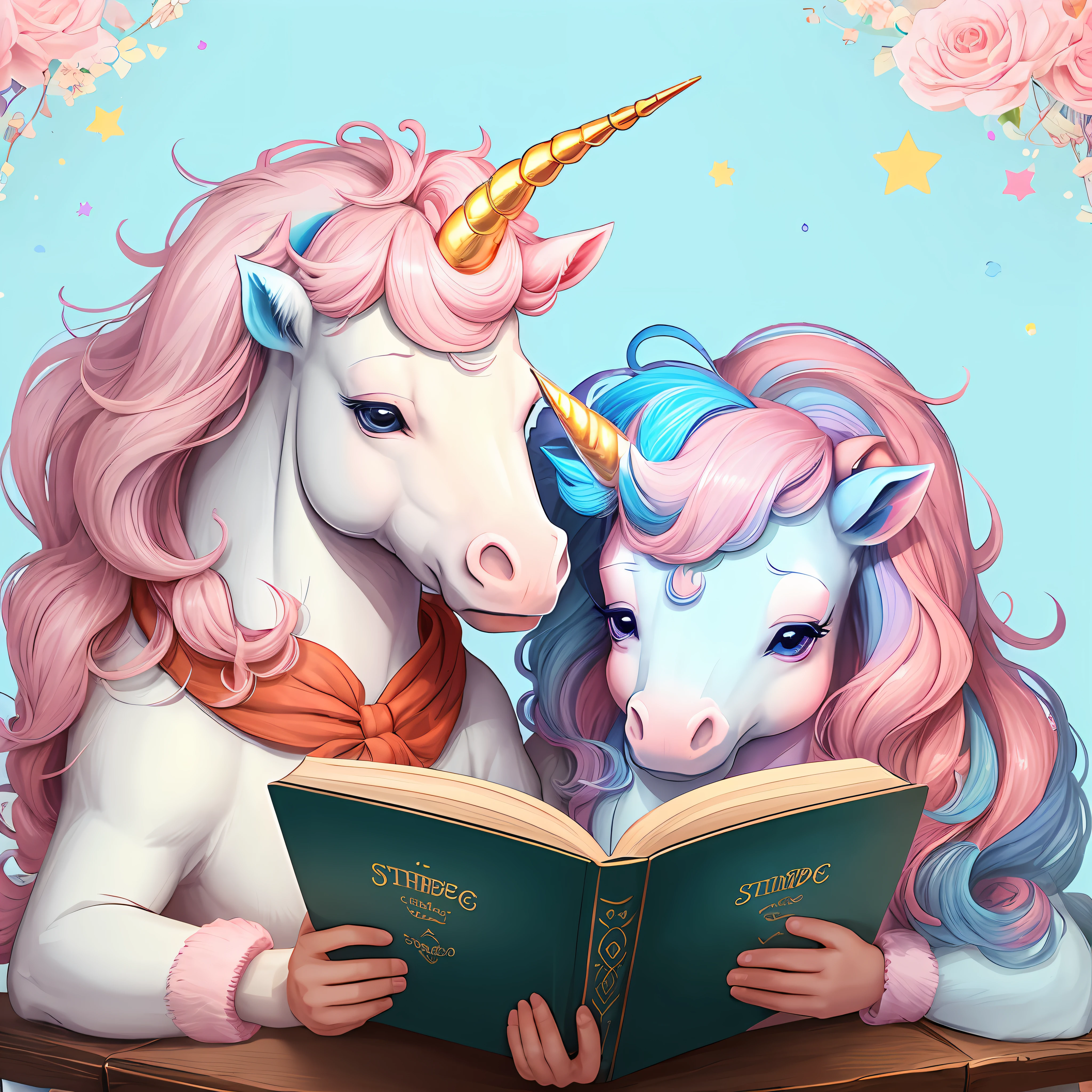 two cute unicorn, one horn, pink, blue, reading book, simbpe background --auto