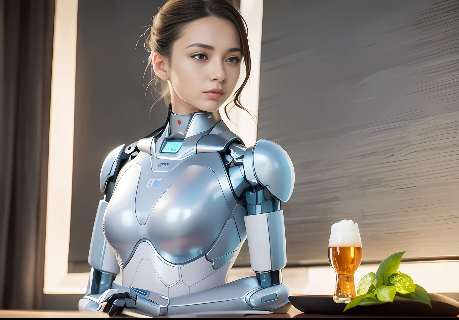 There is a woman sitting at a table, drinking beer and a robot, cute cyborg girl, beautiful girl cyborg, beautiful white girl cyborg, robot bar, robot drinking, beautiful female robot, perfect robot girl, cyborg girl, beautiful seductive female robot, beautiful robot woman, female robot, young cyborg lady, beautiful female robot! , beautiful cyborg girl, complex 3d rendering highly detailed beautiful ceramic silhouette female robot face, robot, robot parts, 150mm, beautiful studio soft light, edge light, vibrant details, luxury cyberpunk, lace, surrealism, anatomy, facial muscles, cable, microchip, elegant, beautiful background, octane rendering, HR Giger style, 8k, best quality, masterpiece, illustration, very delicate and beautiful, very detailed, CG, uniform, wallpaper, (fidelity, fidelity: 1.37), stunning, fine details, masterpiece, best quality, official art, very detailed cg unified 8k wallpaper, ridiculous, incredibly ridiculous, robot, silver helmet, full body, sitting to write