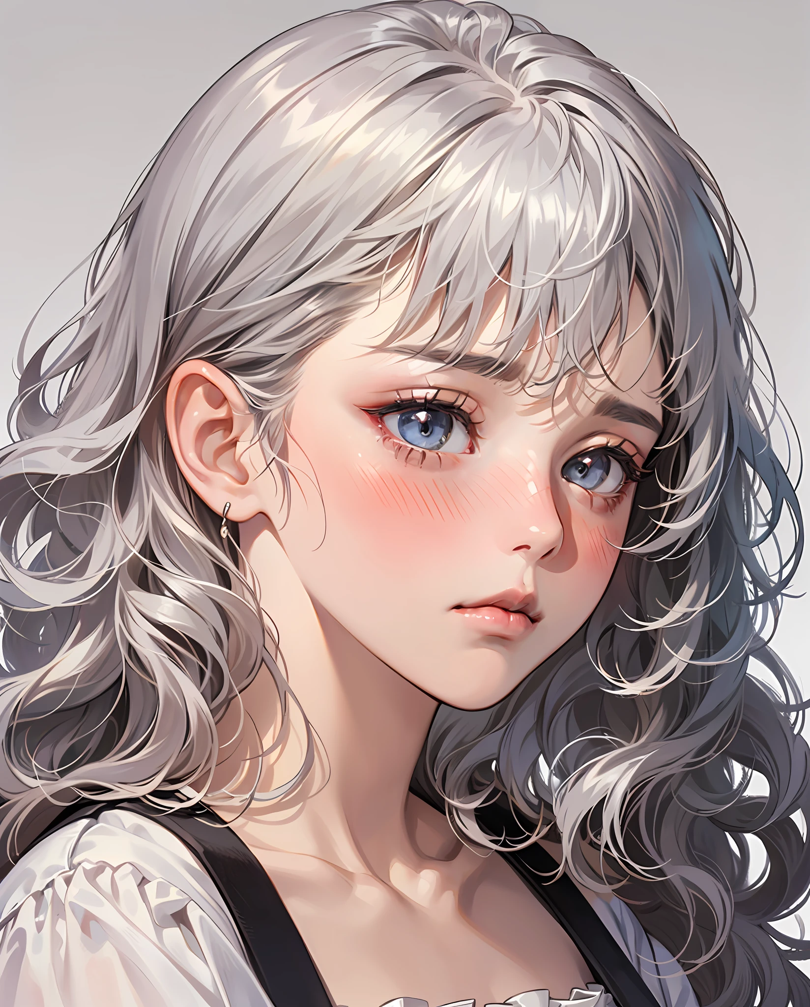 Masterpiece, top quality, super detailed, photorealistic, (1girl), bangs, (Silver hair:1.2), (messy hair), (wavy hair), , cute face, (blush:1.3), (melancholy:1.2), front view, (white simple_background:1.2), --auto --s2