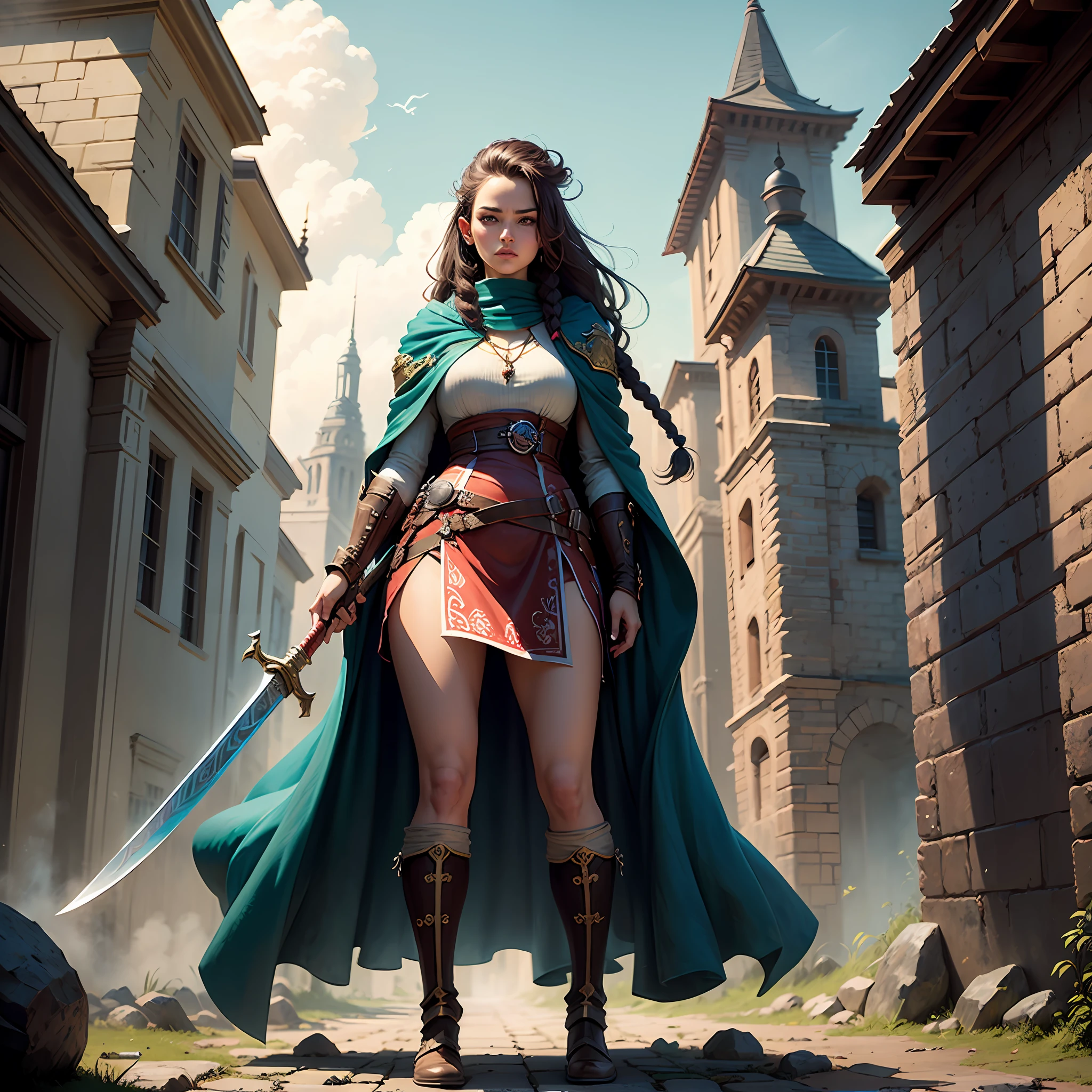 Ultra-high definition 2D art, (1 female) dwarf, intense details cleric, intense details, with heavy white armor, wielding a radiant sword, long red braided hair, green eyes, blue cloak with axe sigils, flowing, epic, fantasy art, standing in front of a fantasy setting temple, masterpiece by larry elmore, fantasy art, dnd art, epic fantasy, art style --auto