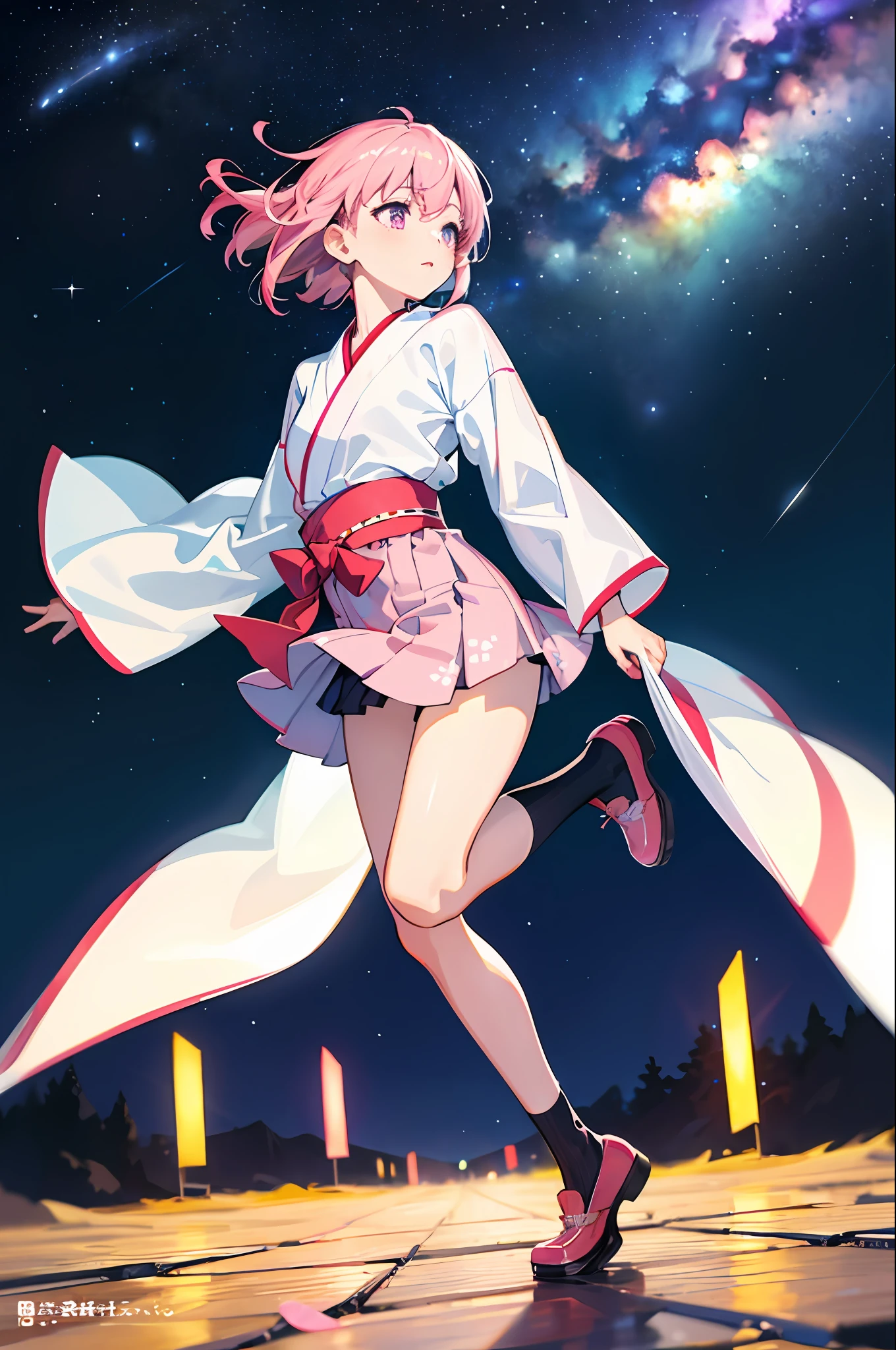 Top Quality, Masterpiece, Ultra Realistic, High Definition, Very Detailed, 8k, One Girl, Cute, Anime, Crystal Clear White Skin, Asian Girl, Full Body, Junior High School, 14 Years Old, Children, (Hair Color is Pink), Tanabata Festival, Looking Up at Many Starry Skies, Midnight, Cute Miniskirt Yukata, Don't Look At Me, Don't Look At Me, Look at the Milky Way, Low Angle