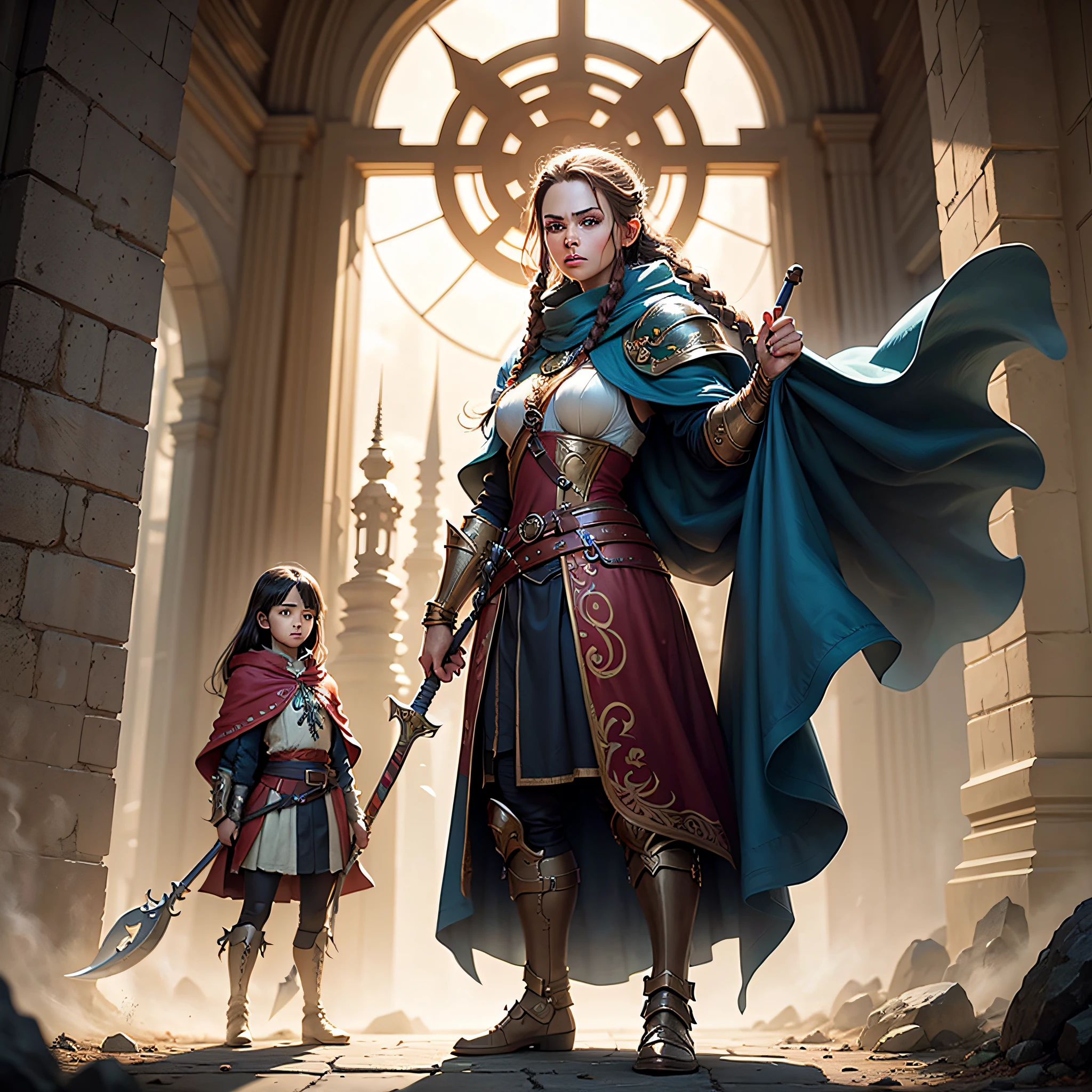 Ultra-high definition 2D art, (1 female) dwarf, intense details cleric, intense details, with heavy white armor, wielding a radiant sword, long red braided hair, green eyes, blue cloak with axe sigils, flowing, epic, fantasy art, standing in front of a fantasy setting temple, masterpiece by larry elmore, fantasy art, dnd art, epic fantasy, art style --auto