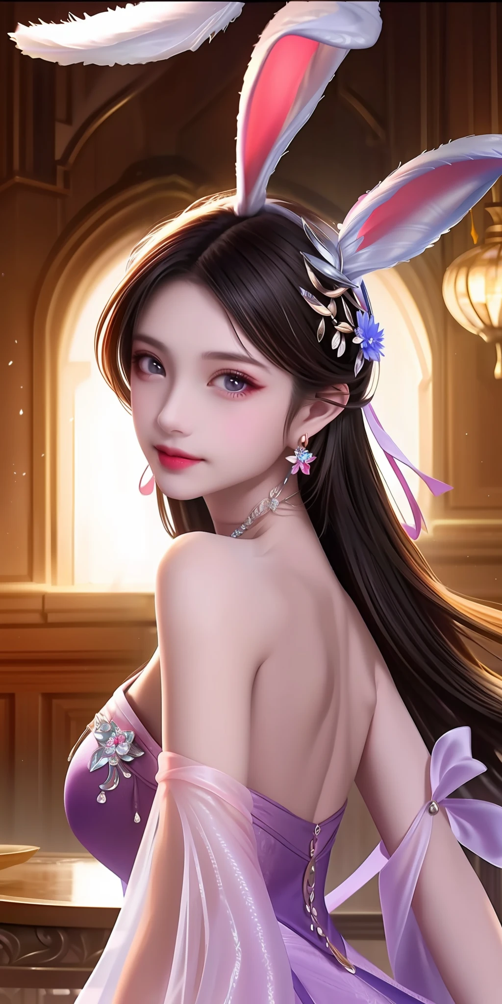 Best quality, masterpiece, high resolution, 1girl, clear pink silk porcelain dress, beautiful face, rabbit ear ,hair accessories, looking at the audience, smiling, close your mouth, lips, dress, hair accessories, necklaces, jewelry, long hair, earrings, beautiful face, on the body, Tindal effect, realism, dark studio, edge lighting, two-tone lighting, (high detail skin: 1.2), 8k UHD, DSLR, soft light, high quality, volumetric lighting, photo, high resolution 4K, 8k, blurred background