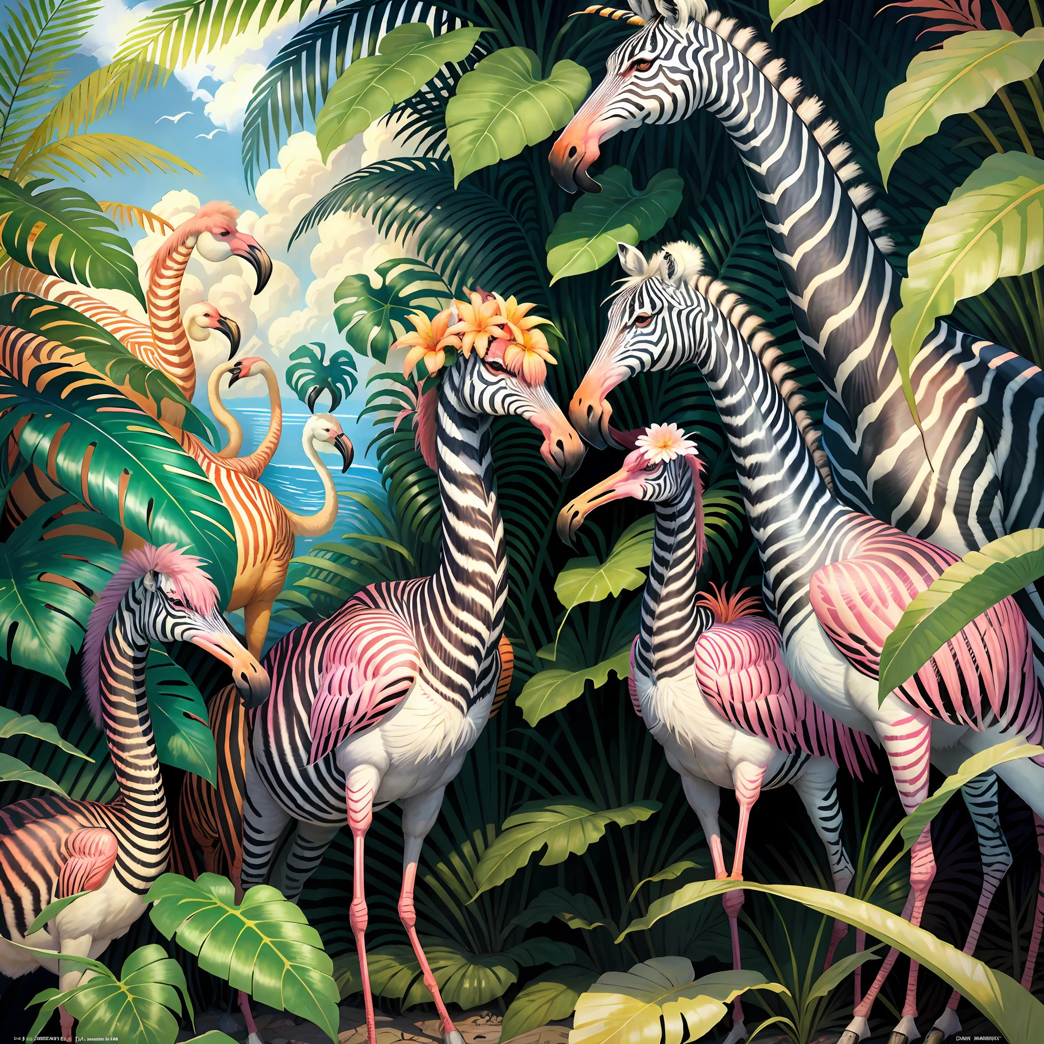 zebra and flamingos in the jungle with palm trees and flowers, jim warren, tropical, by Susan Heidi, tropical paradise, by David B. Mattingly, by Joe Jusko, by Wayne England, amazing background, tropical birds, wildlife illustration, by Richard Mayhew, by Ron Walotsky, hildebrandt, filled with fauna, tropical atmosphere --auto --s2