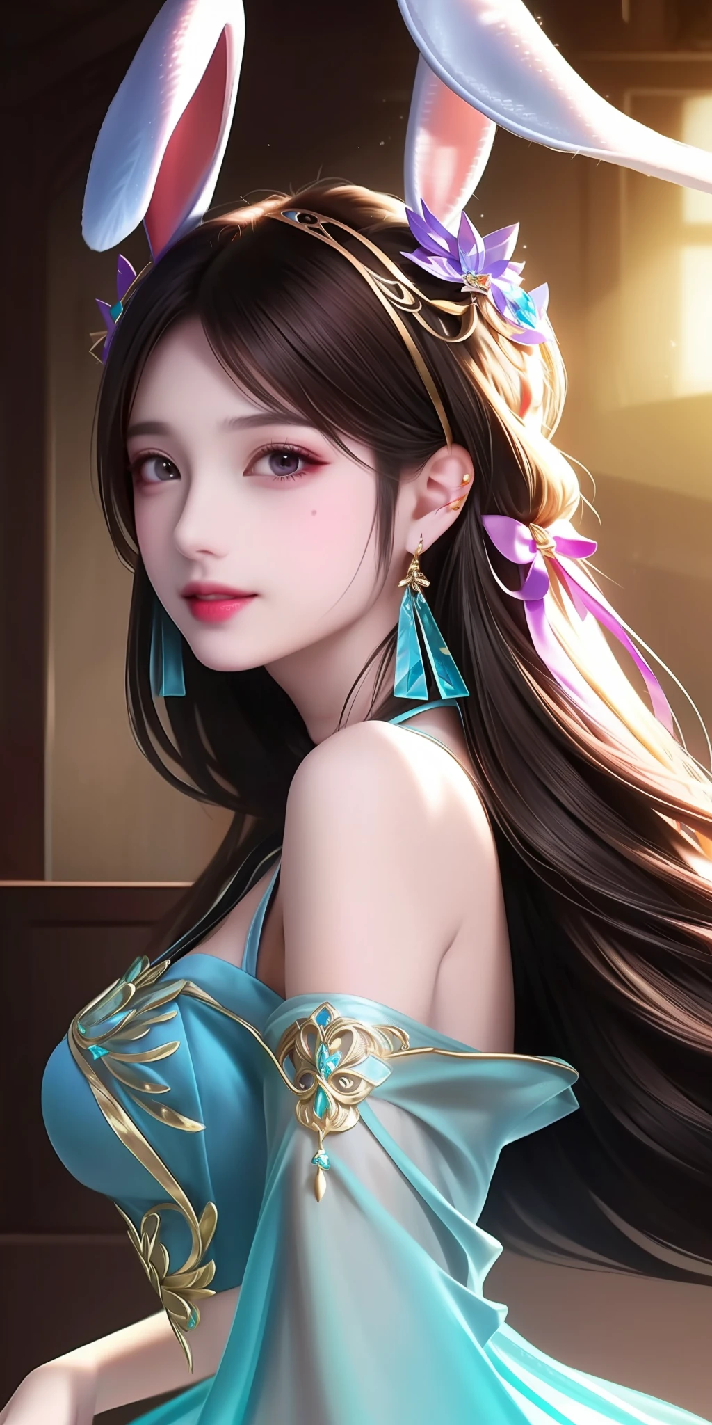 Best quality, masterpiece, high resolution, 1girl, clear pink silk porcelain dress, beautiful face, rabbit ear ,hair accessories, looking at the audience, smiling, close your mouth, lips, dress, hair accessories, necklaces, jewelry, long hair, earrings, beautiful face, on the body, Tindal effect, realism, dark studio, edge lighting, two-tone lighting, (high detail skin: 1.2), 8k UHD, DSLR, soft light, high quality, volumetric lighting, photo, high resolution 4K, 8k, blurred background